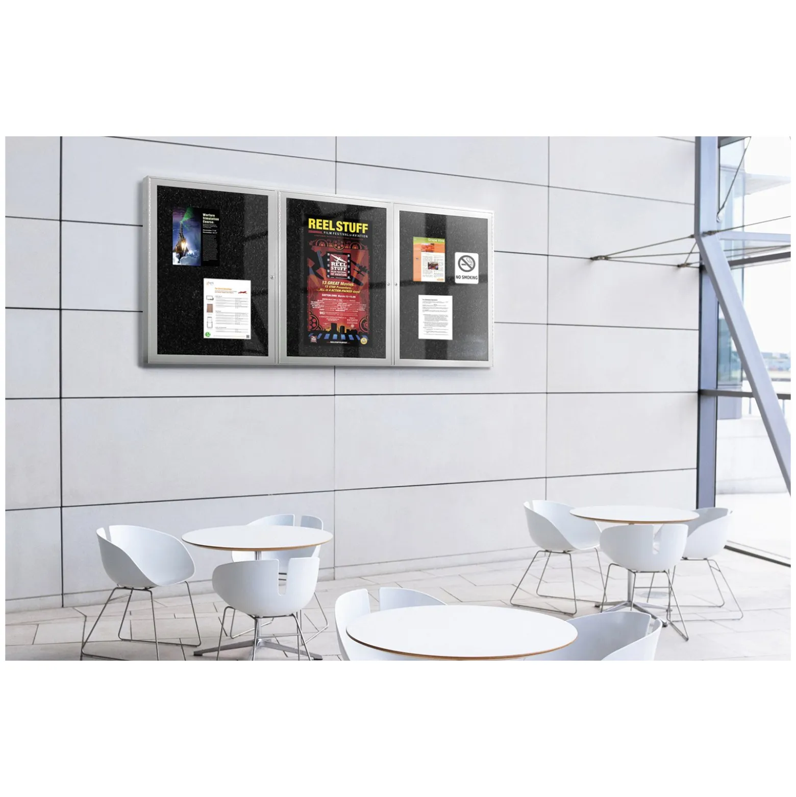 3 Door Enclosed Recycled Rubber Bulletin Board 8'Wx4'H