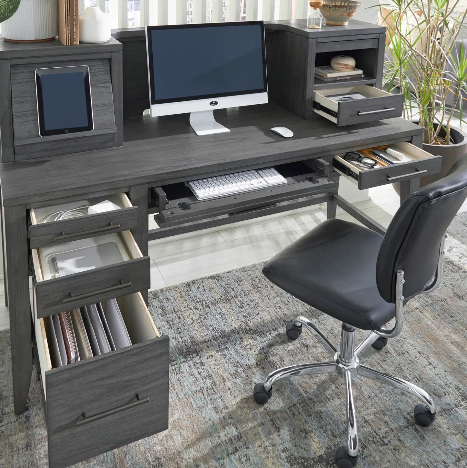 Argenta Single Pedestal Writing Desk w/ Hutch