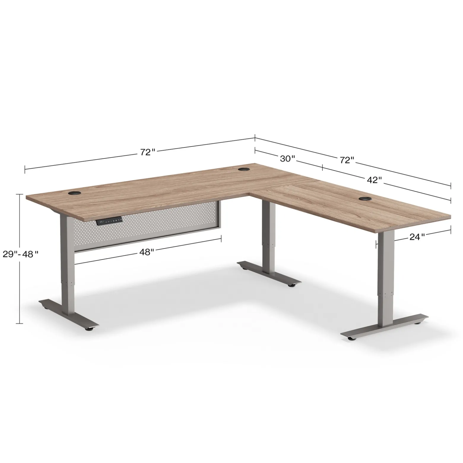 At Work Reversible Height Adjustable Standing L-Desk with Modesty Panel - 72"Wx72"D