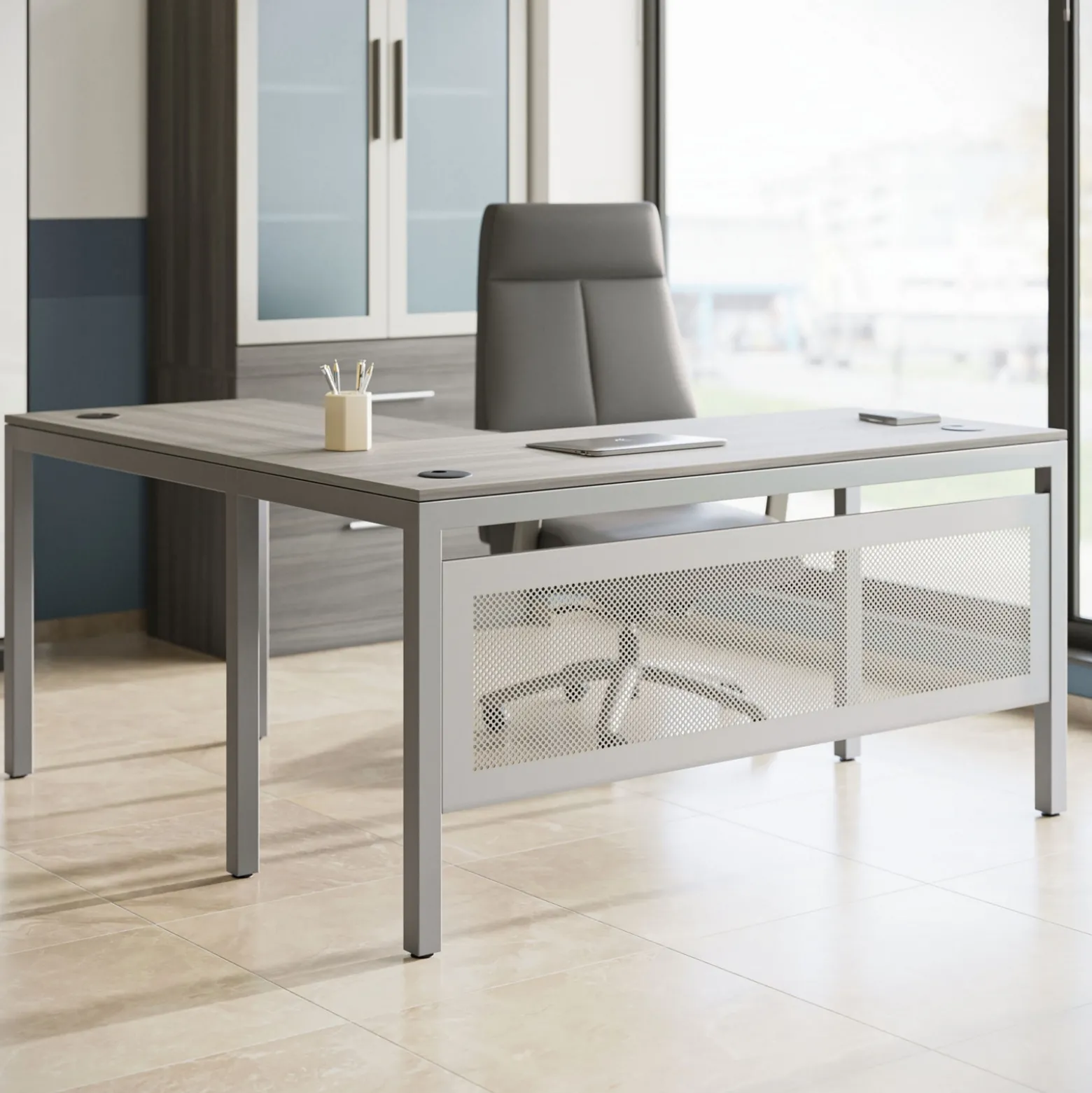 At Work Reversible L-Shaped Desk with Modesty Panel - 60"W X 72"D