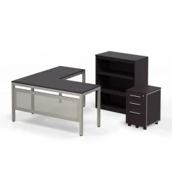 At Work Reversible L-Shaped Desk with Mobile Pedestal and Bookcase Set