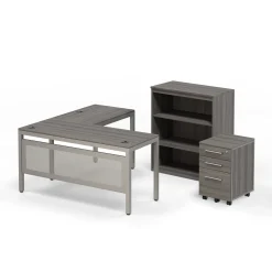 At Work Reversible L-Shaped Desk with Mobile Pedestal and Bookcase Set