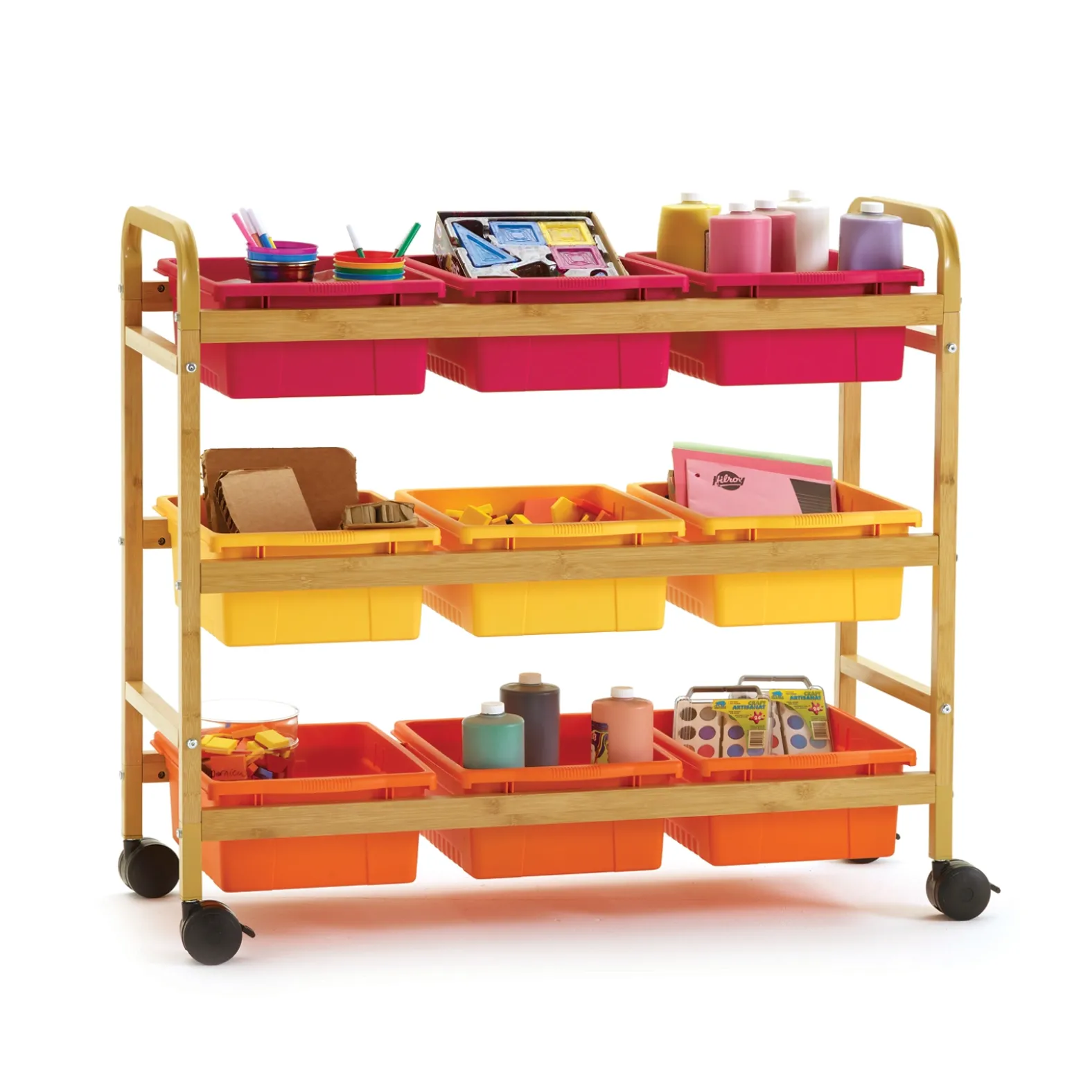 Bamboo Book Cart with Color Tubs - 41"W x 16"D