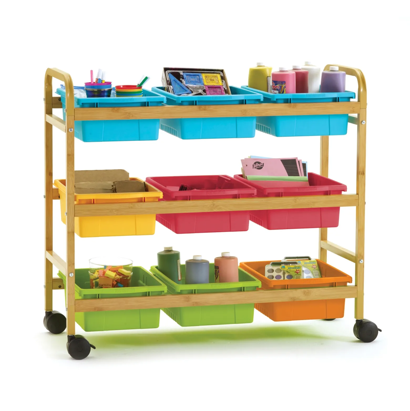 Bamboo Book Cart with Color Tubs - 41"W x 16"D