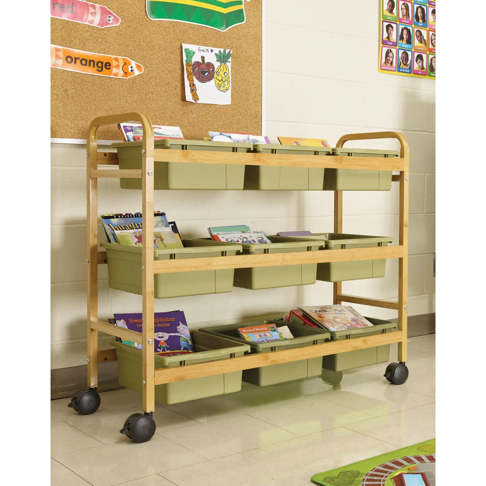 Bamboo Book Cart with Color Tubs - 41"W x 16"D