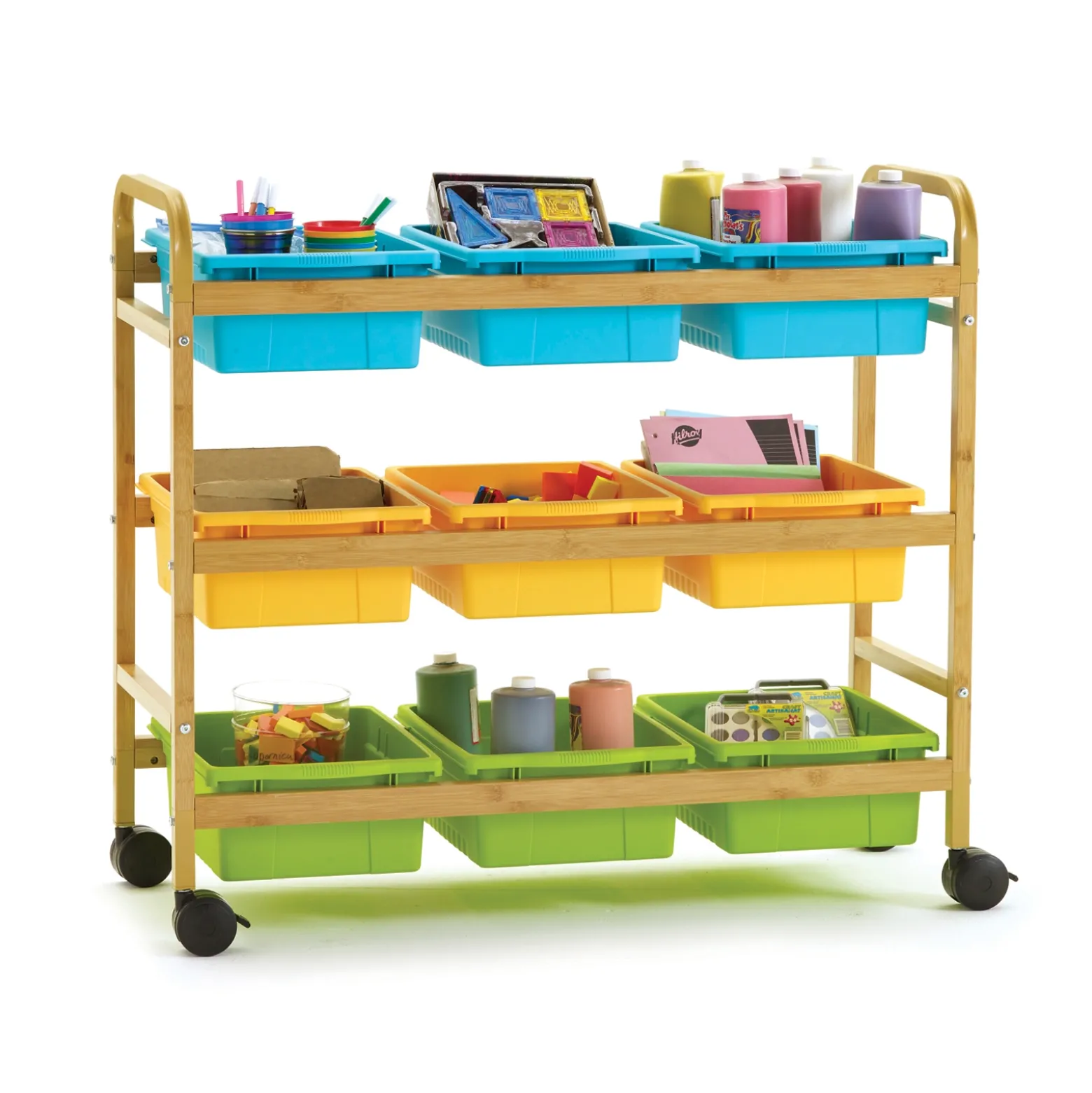 Bamboo Book Cart with Color Tubs - 41"W x 16"D
