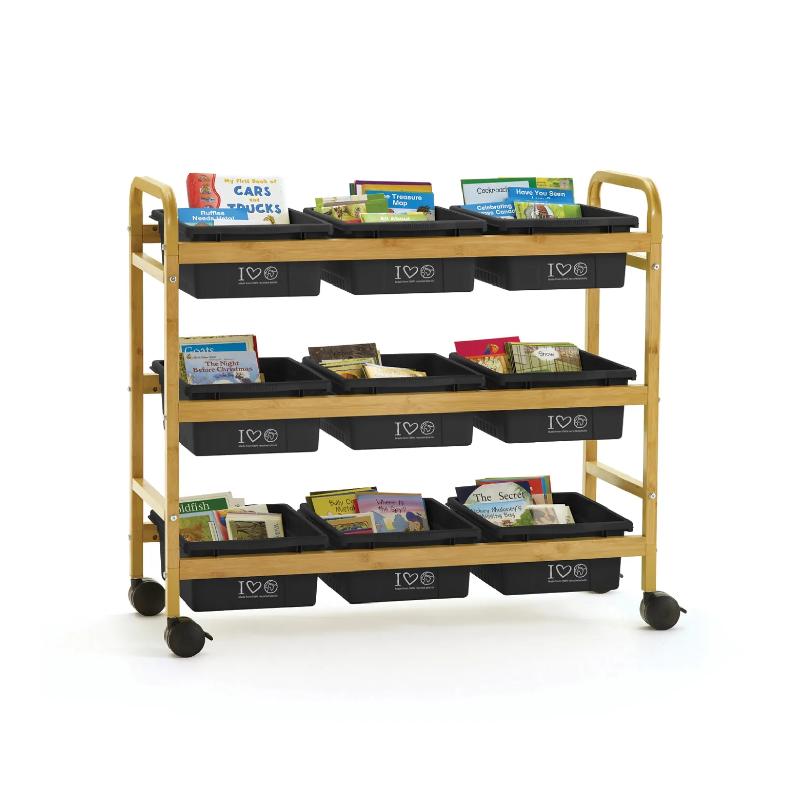 Bamboo Book Cart with Recycled Tubs - 41"W x 16"D