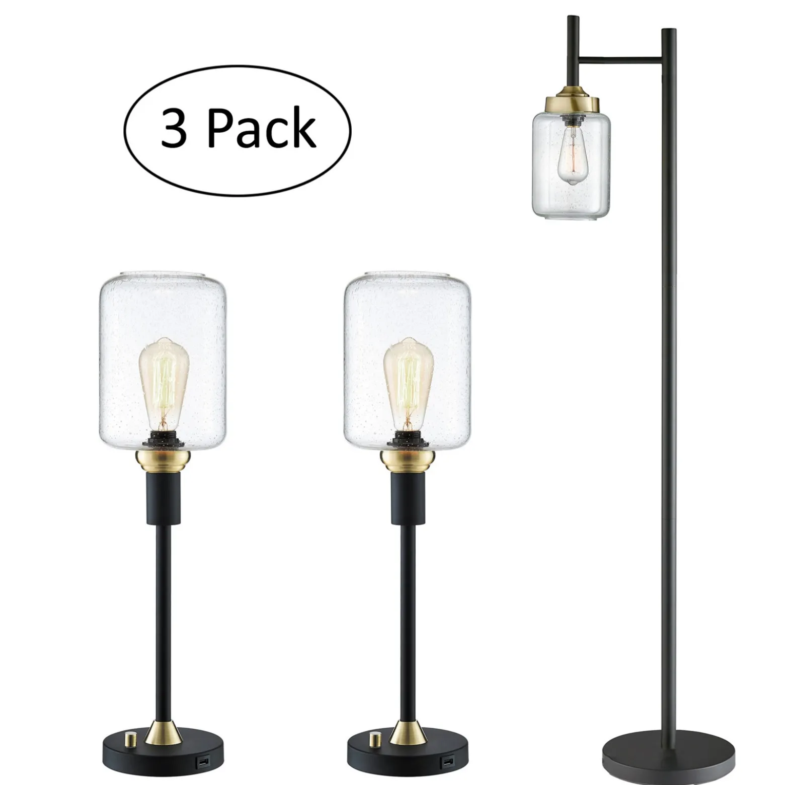 Black Metal Uplight Floor & Table Lamp - Set of 3