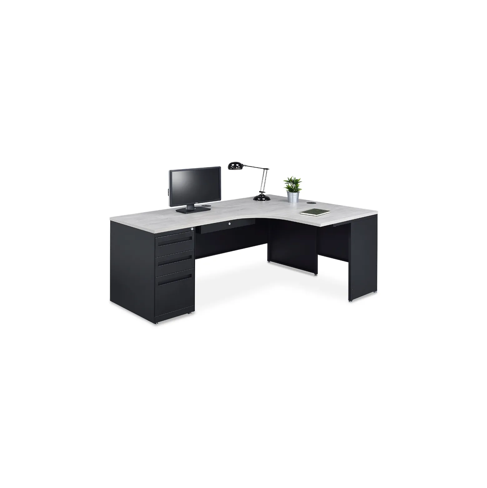 Carbon J-Shaped Steel Desk with 3 Drawer Pedestal and Right Return - 72"W x 48"D
