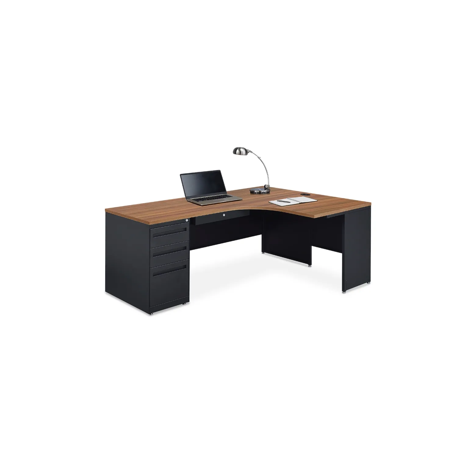 Carbon J-Shaped Steel Desk with 3 Drawer Pedestal and Right Return - 72"W x 48"D