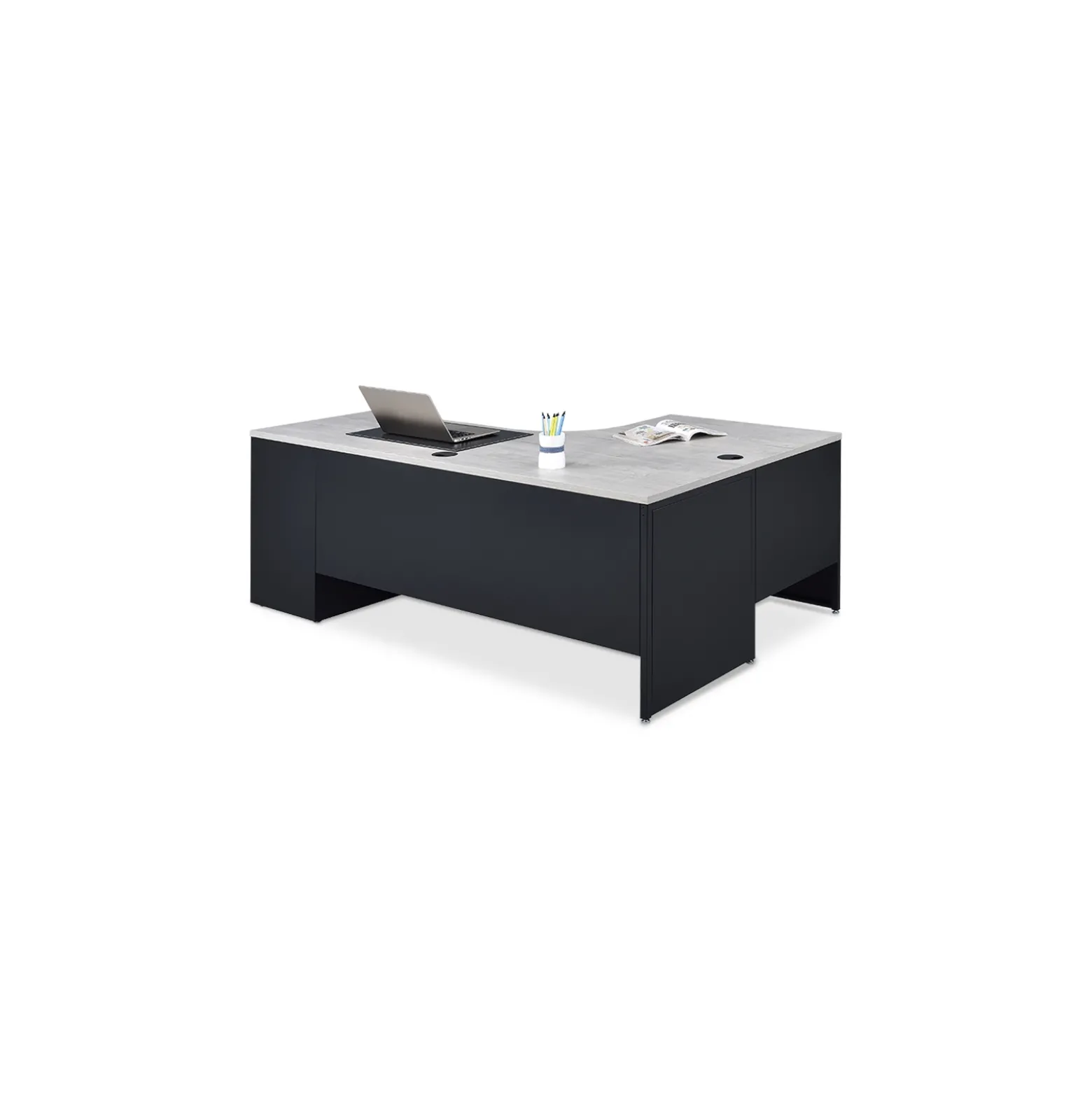 Carbon J-Shaped Steel Desk with 3 Drawer Pedestal and Left Return 72"W x 48"D