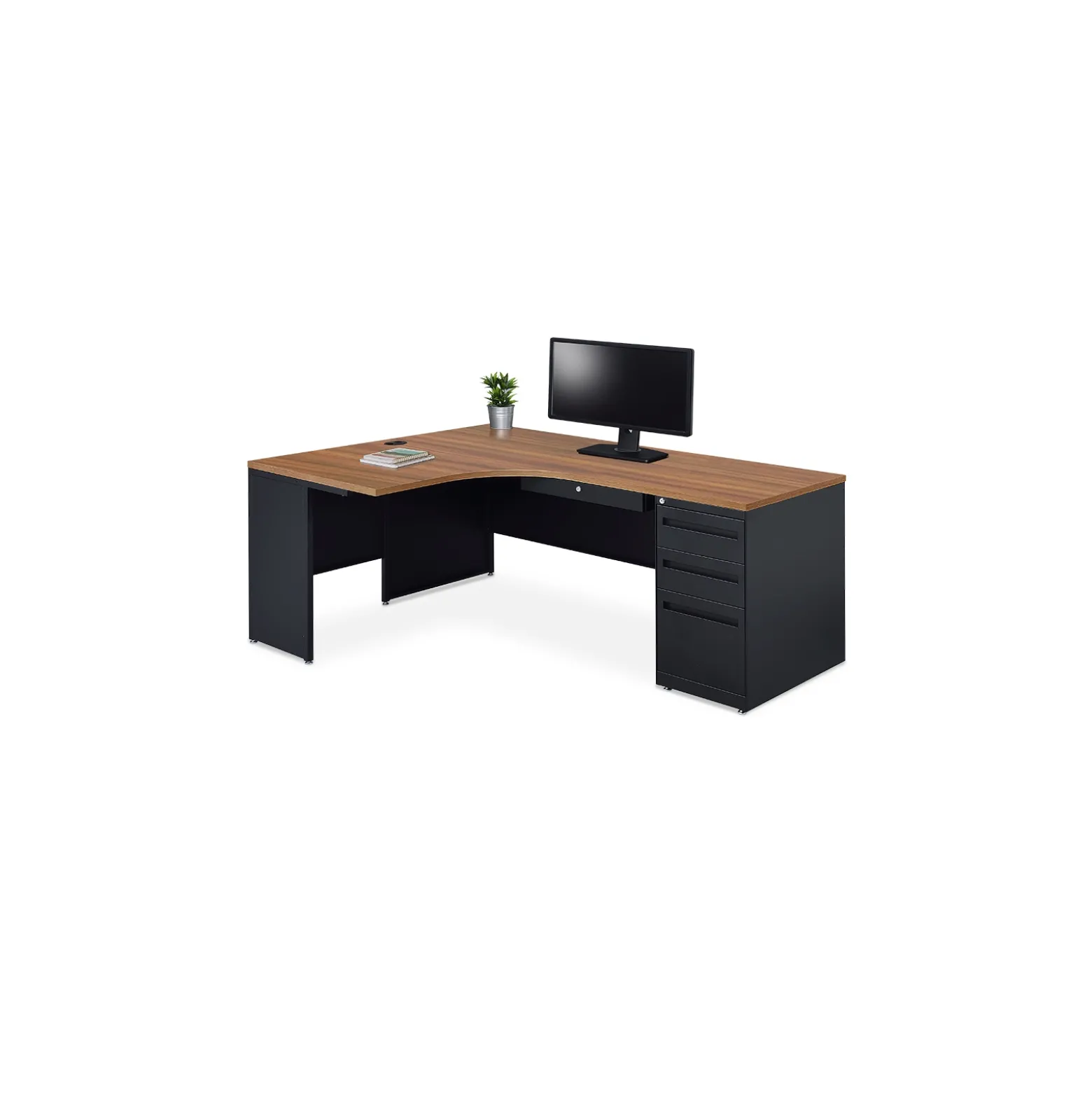 Carbon J-Shaped Steel Desk with 3 Drawer Pedestal and Left Return 72"W x 48"D