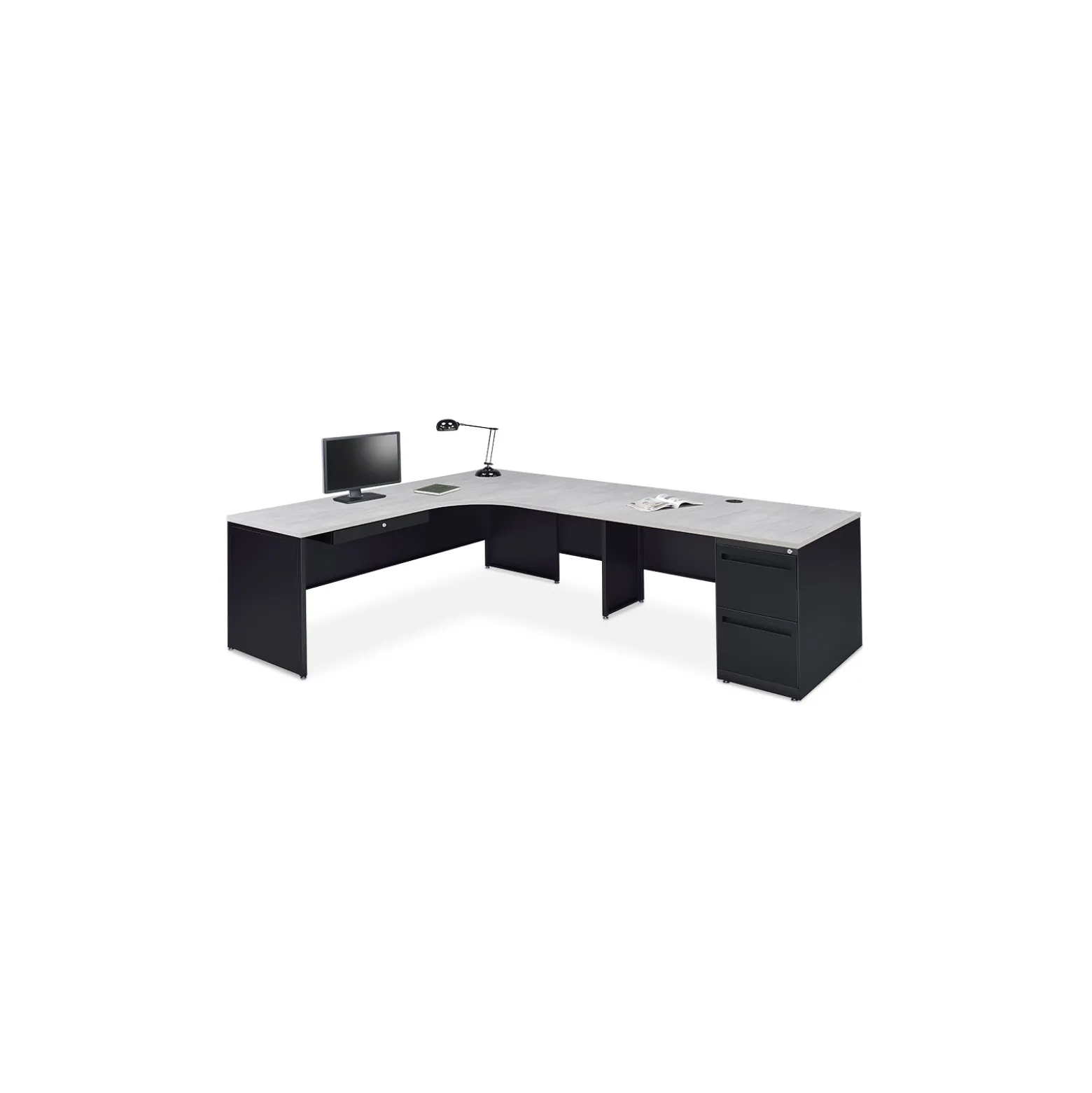 Carbon L-Shaped Steel Desk with 2 Drawer Pedestal and Right Return - 72"W x 96"D