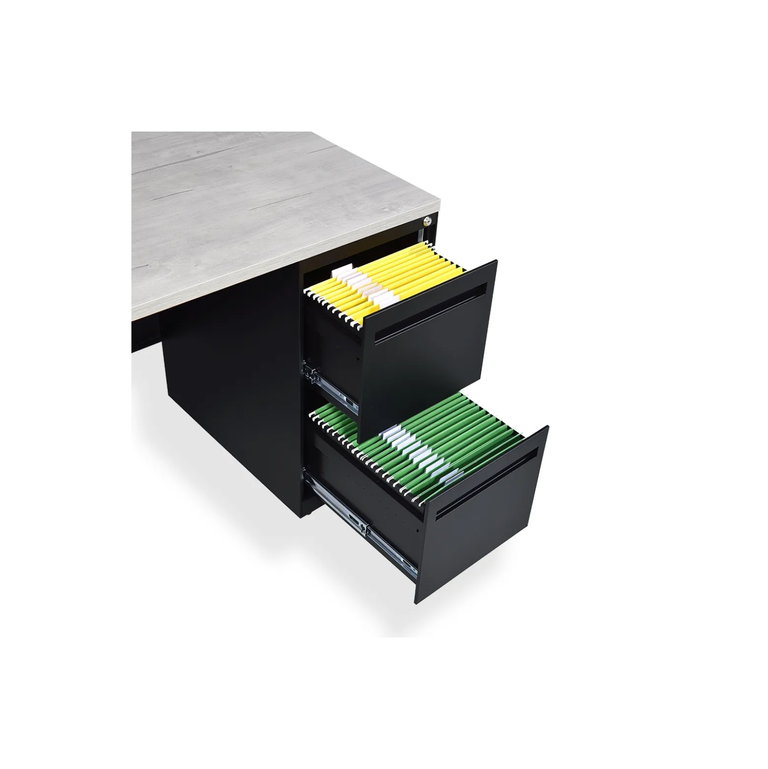 Carbon L-Shaped Steel Desk with 2 Drawer Pedestal and Right Return - 72"W x 96"D