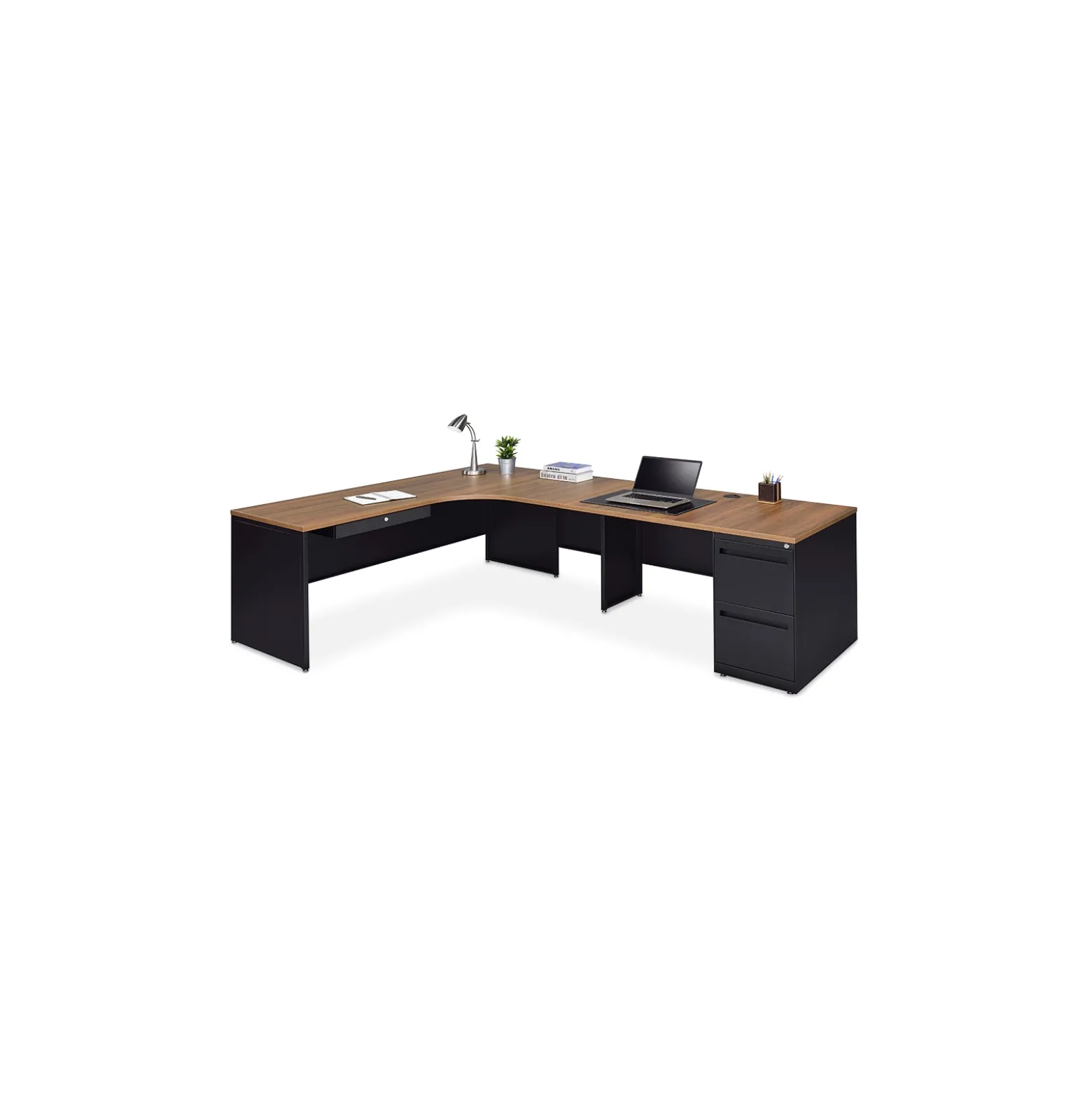 Carbon L-Shaped Steel Desk with 2 Drawer Pedestal and Right Return - 72"W x 96"D