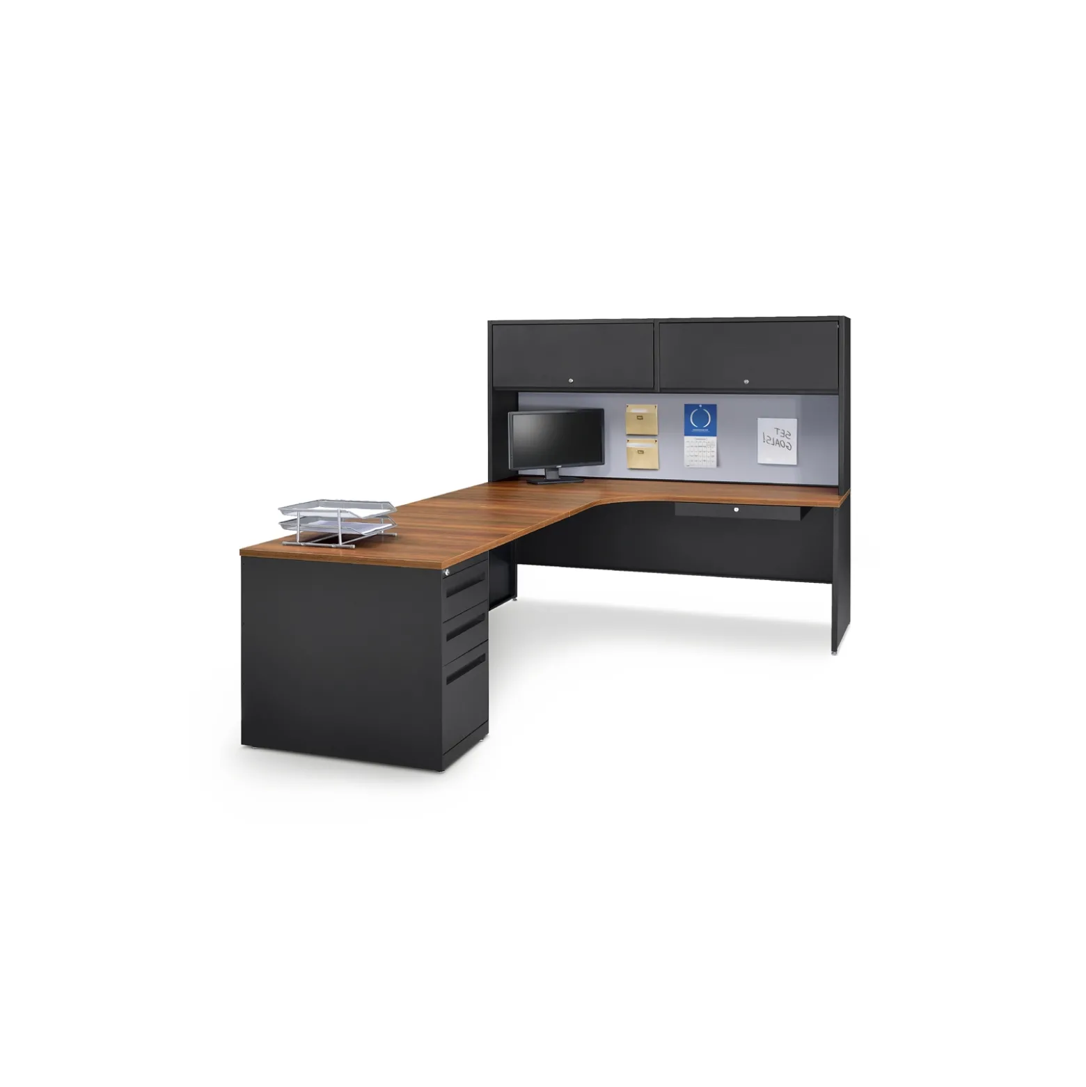 Carbon L-Shaped Steel Desk with Hutch and Left Return - 72"W x 96"D