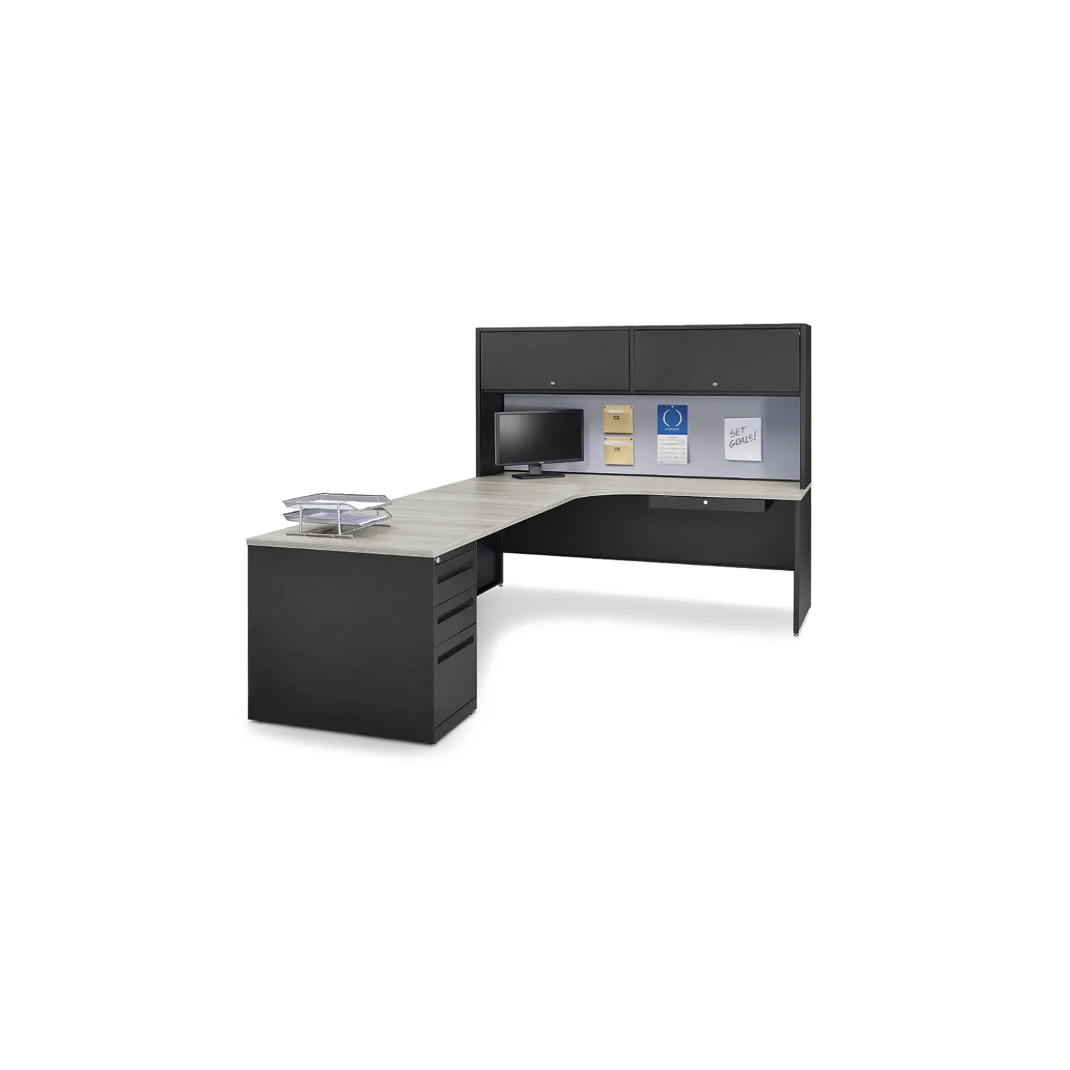 Carbon L-Shaped Steel Desk with Hutch and Left Return - 72"W x 96"D