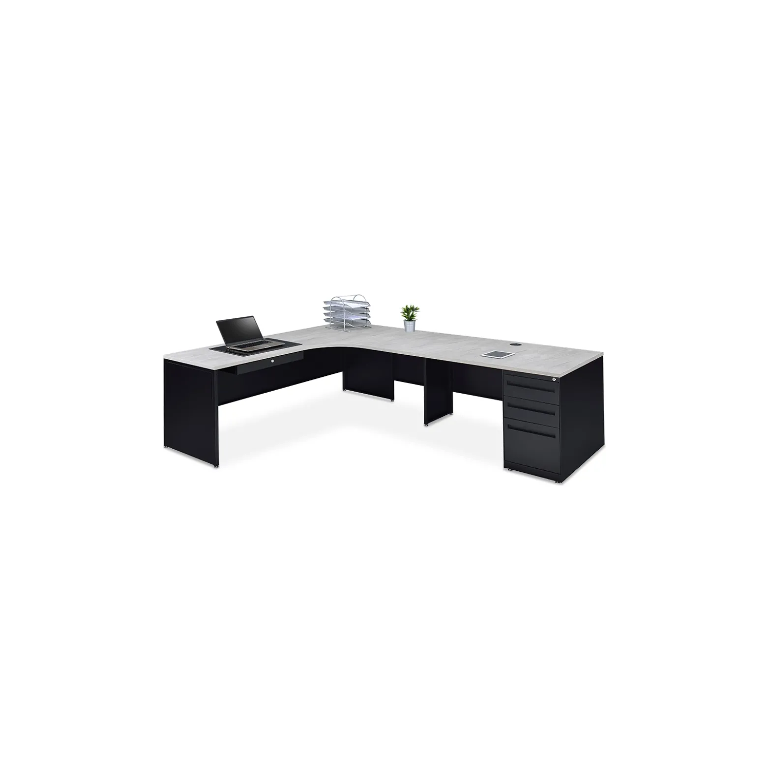 Carbon L-Shaped Steel Desk with 3 Drawer Pedestal and Right Return 72"W x 96"D