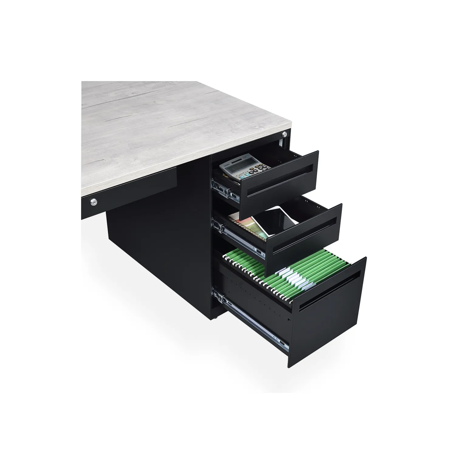 Carbon L-Shaped Steel Desk with 3 Drawer Pedestal and Right Return 72"W x 96"D