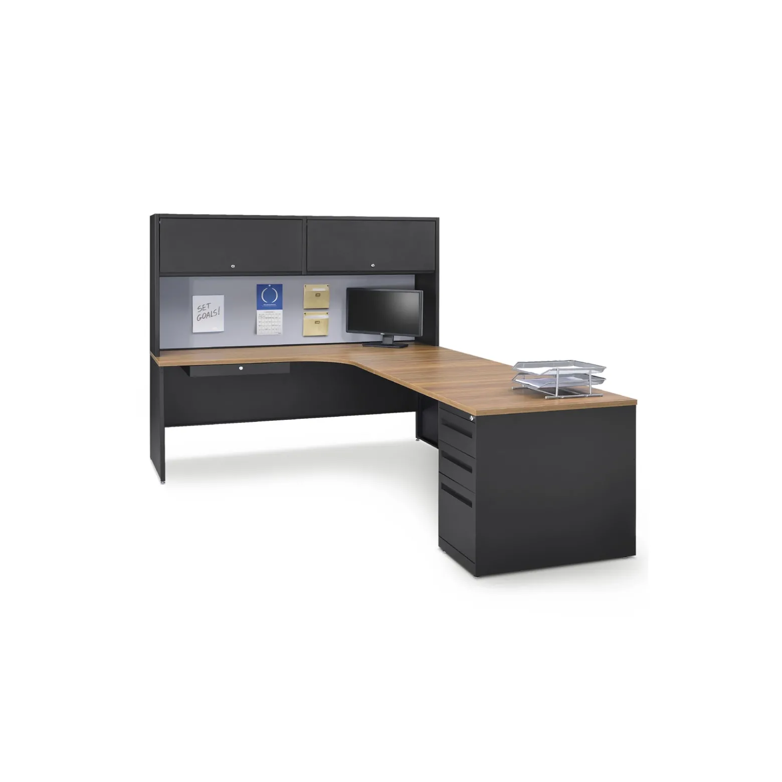 Carbon L-Shaped Steel Desk and Hutch with Right Return - 72"W x 96"D