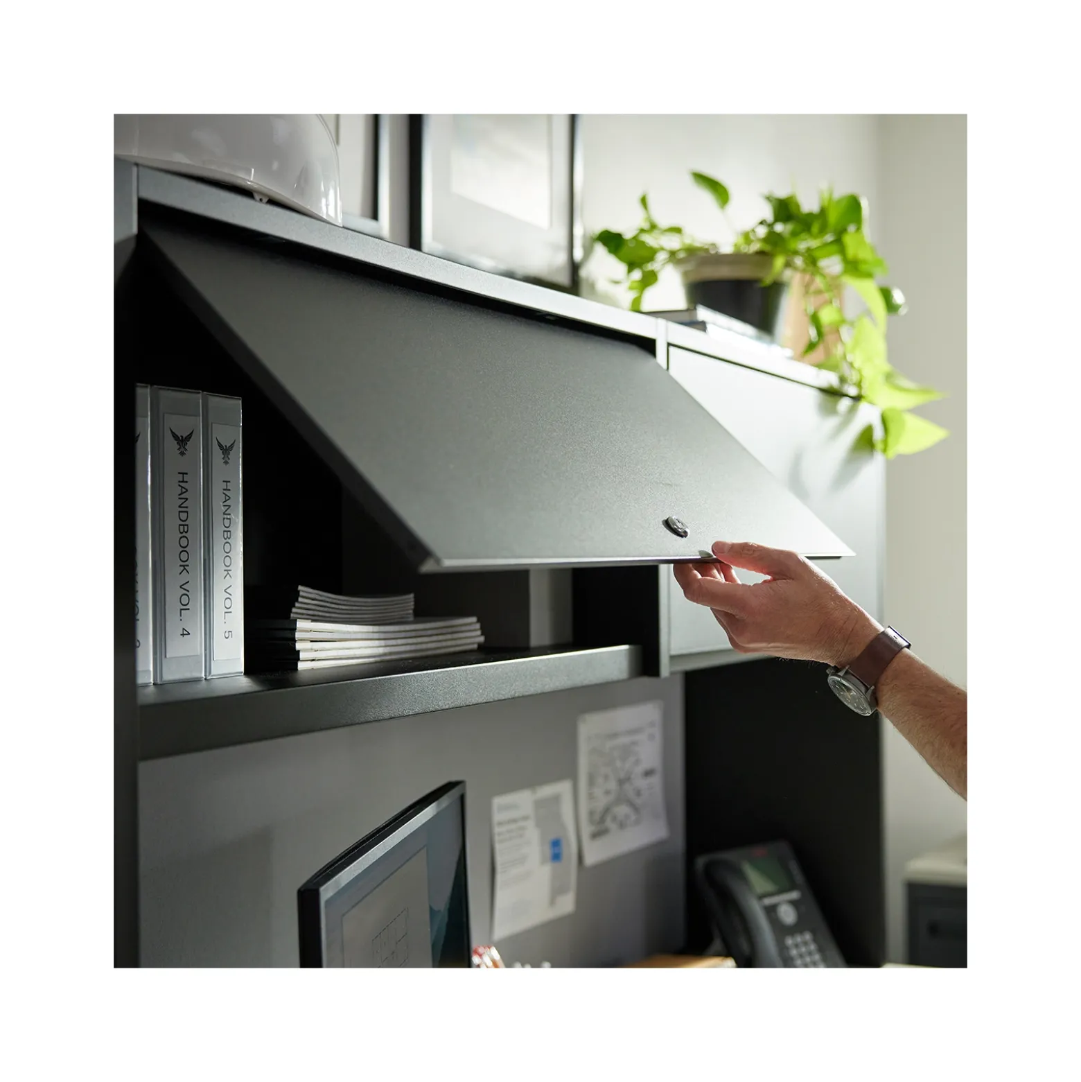 Carbon L-Shaped Steel Desk and Hutch with Right Return - 72"W x 96"D