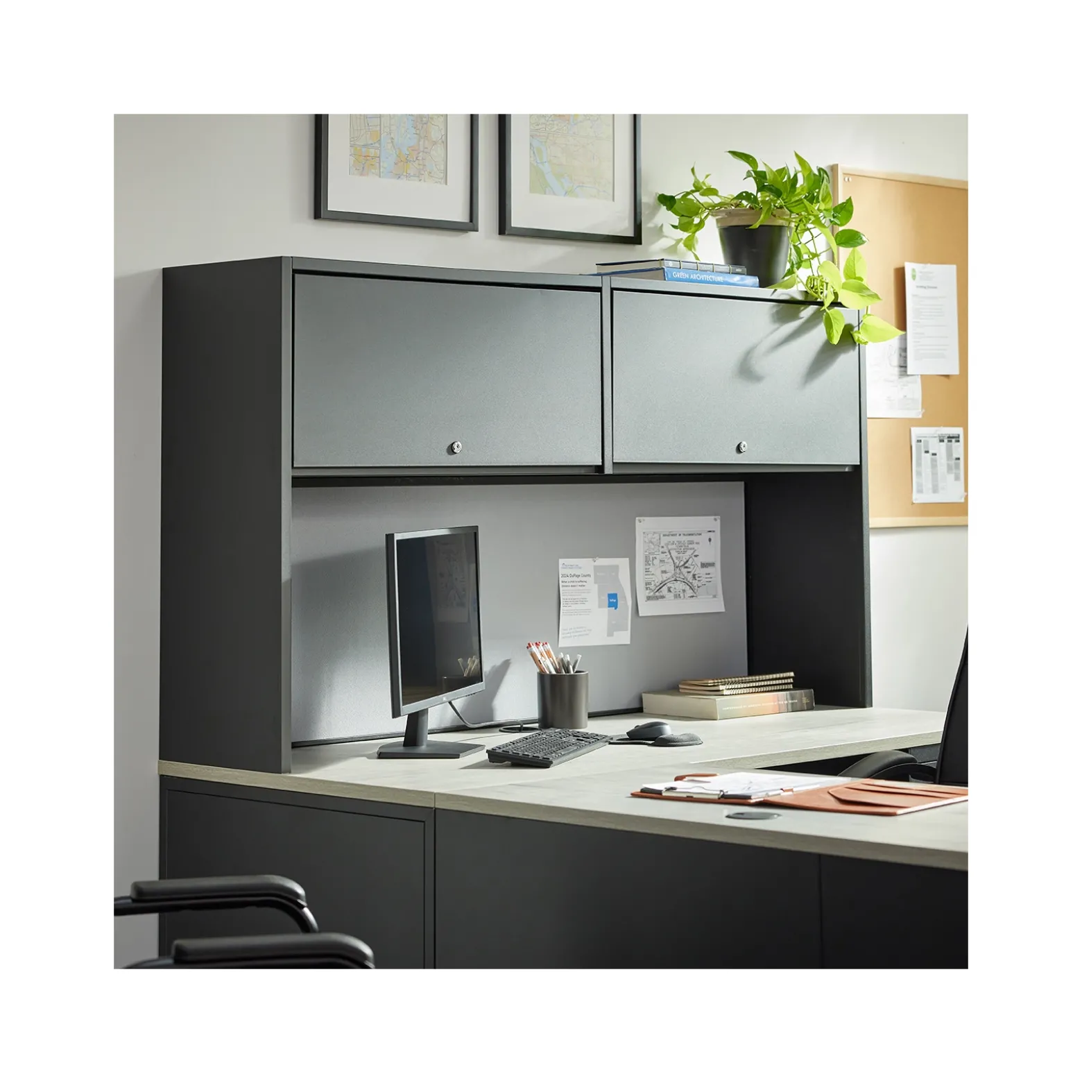 Carbon L-Shaped Steel Desk and Hutch with Right Return - 72"W x 96"D