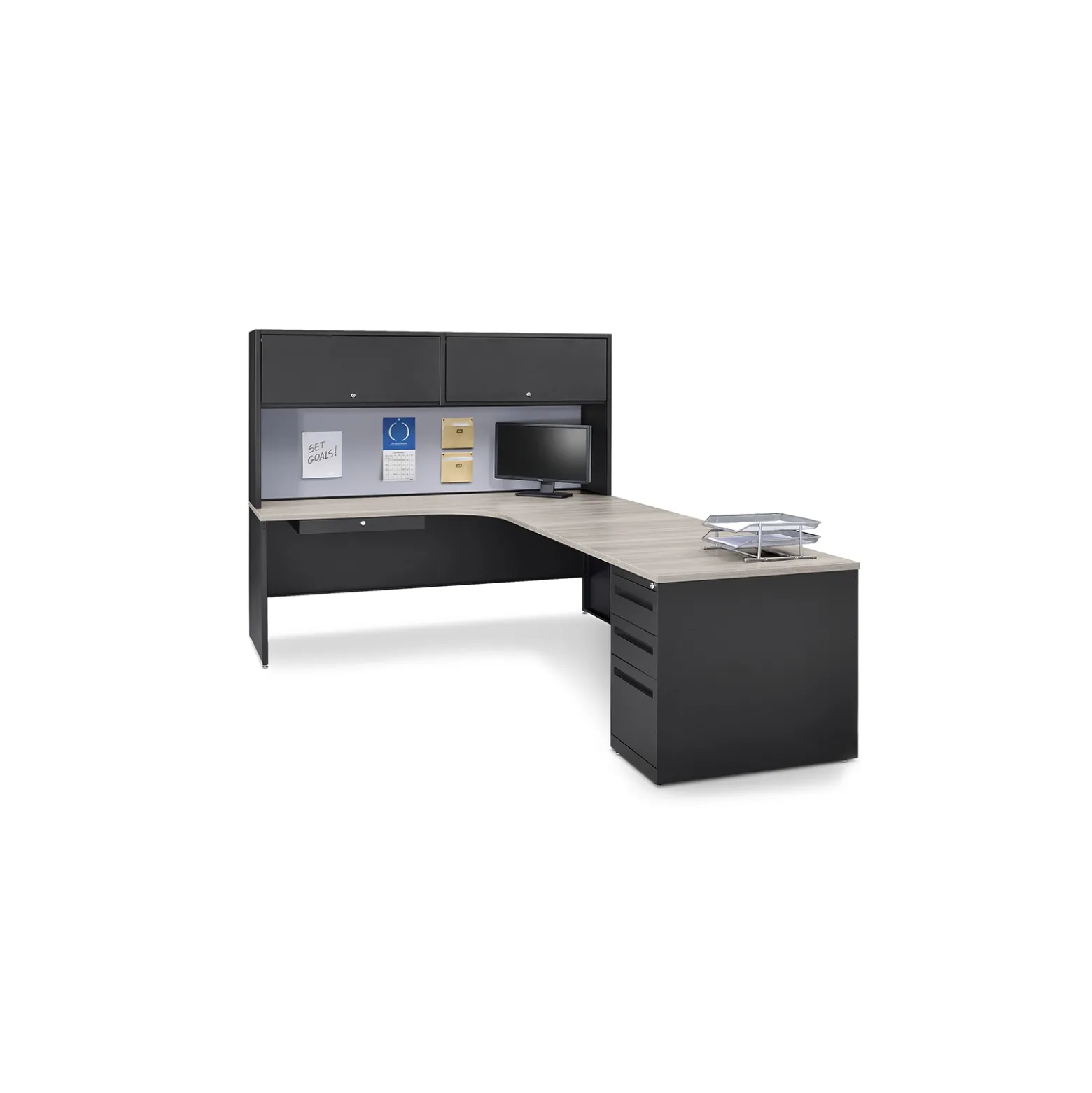 Carbon L-Shaped Steel Desk and Hutch with Right Return - 72"W x 96"D