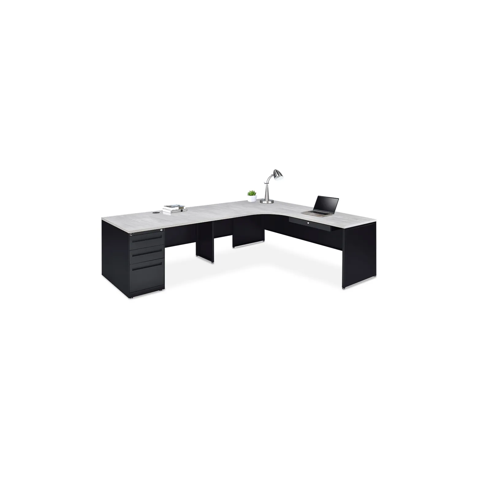 Carbon L-Shaped Steel Desk with 3 Drawer Pedestal and Left Return - 72"W x 96"D