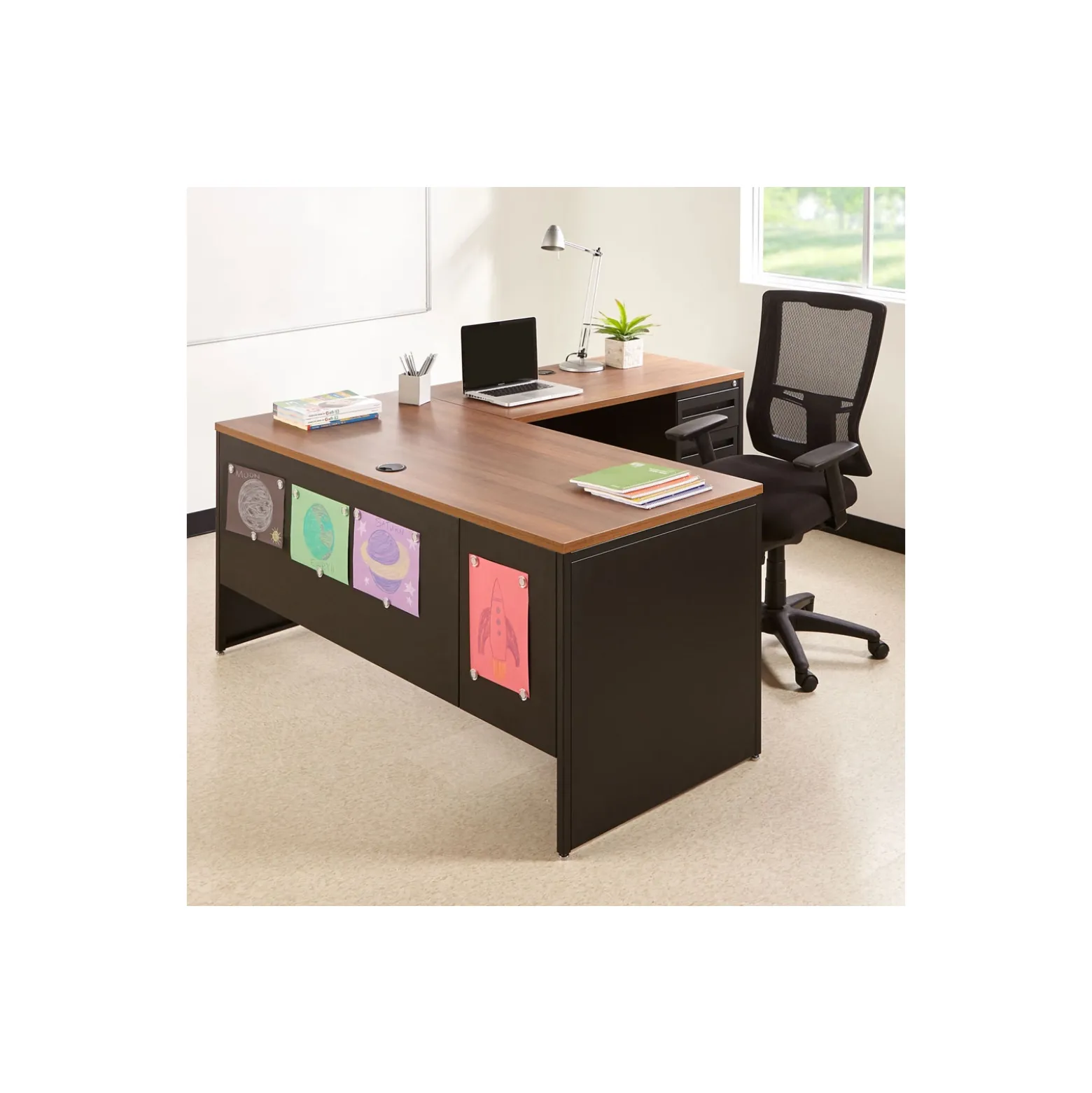 Carbon Reversible L-Shaped Steel Desk with Center Drawer - 66"W x 78"D