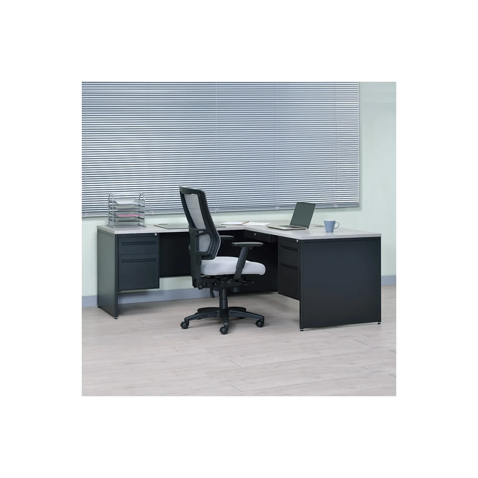Carbon Reversible L-Shaped Steel Desk with Center Drawer - 66"W x 78"D