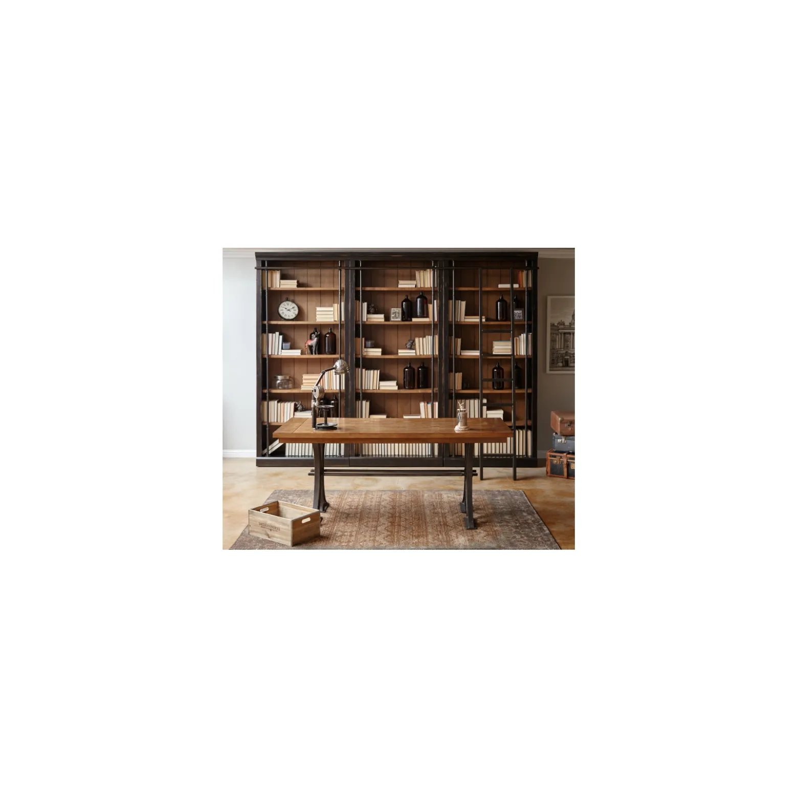 Cast Metal Base Writing Desk and Bookcase Wall Set