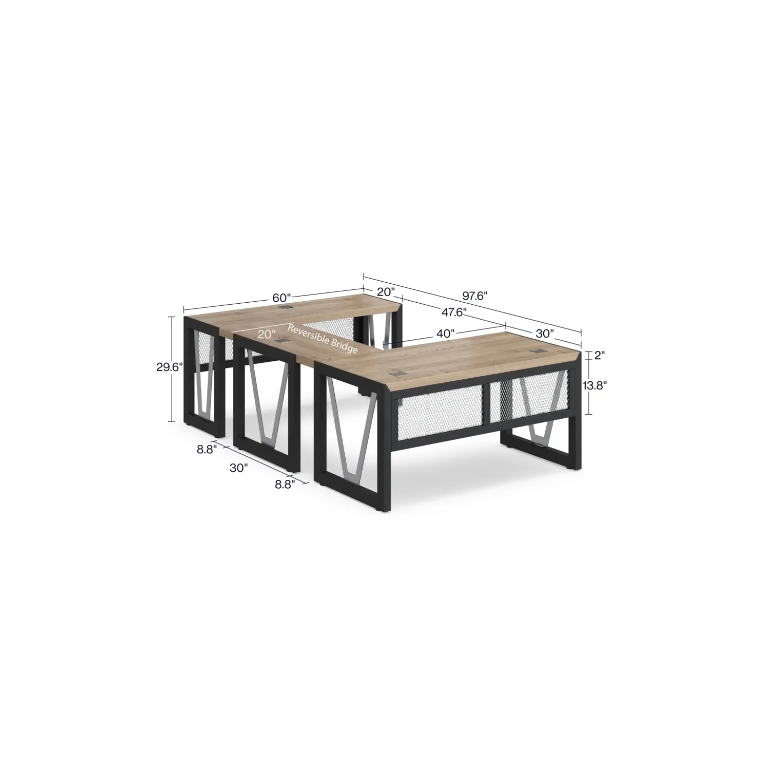 District U-Desk with Reversible Bridge - 60"W