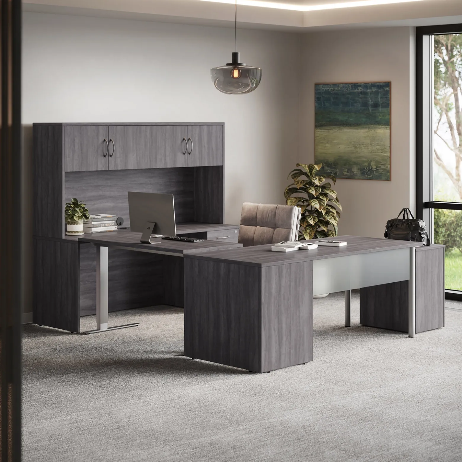 Endure 72"W Height Adjustable U-Shaped Standing Desk with Right-Handed Bridge and Hutch