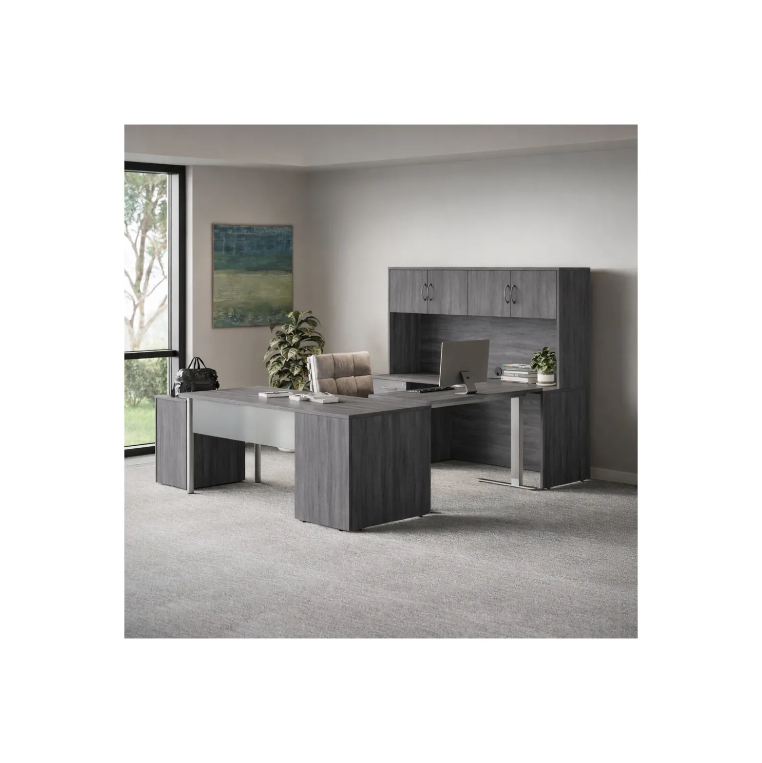 Endure 72"W Height Adjustable U-Shaped Desk with Left-Handed Bridge and Hutch