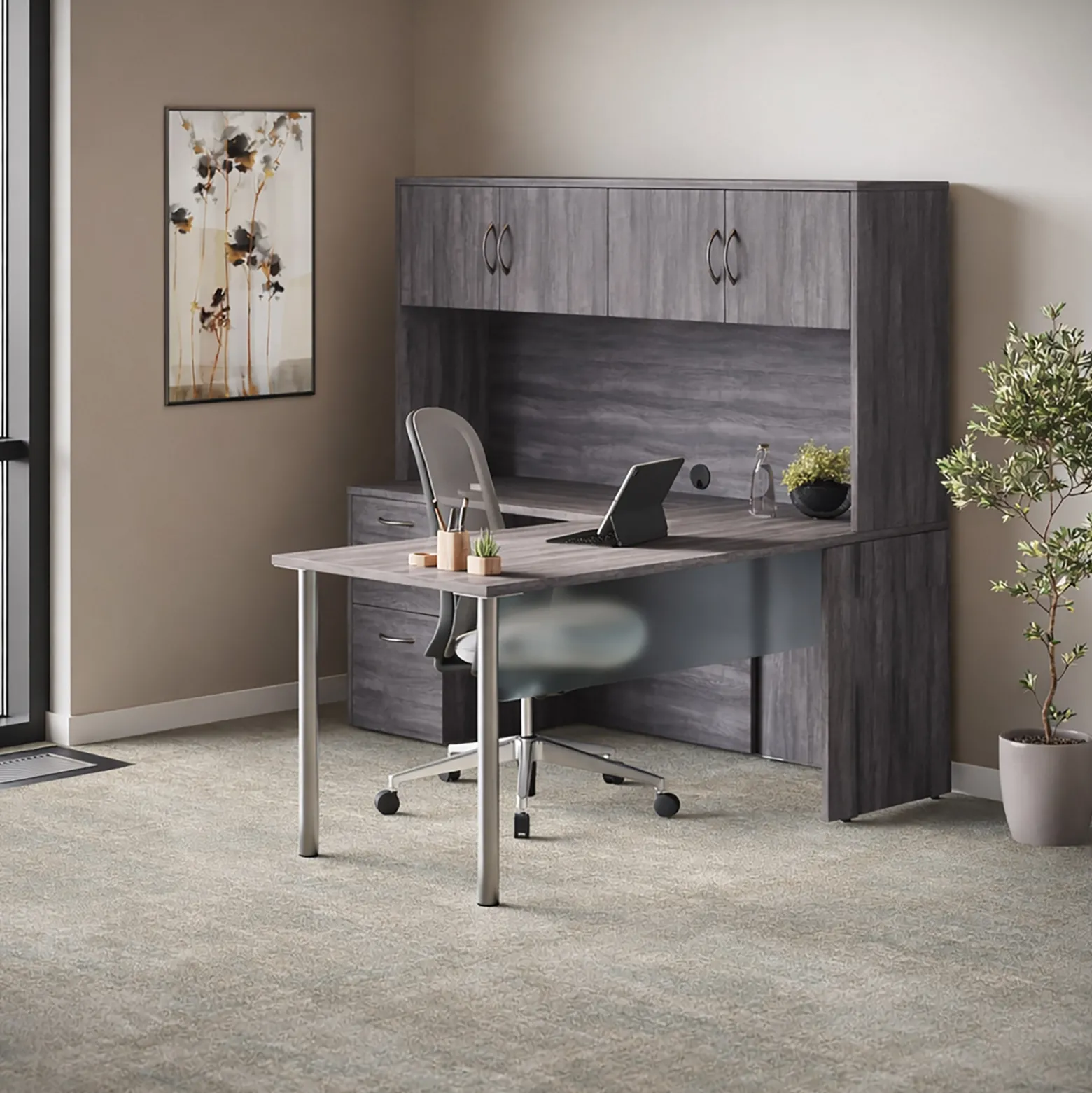 Endure 66"W L-Shaped Desk with Left Return and Hutch