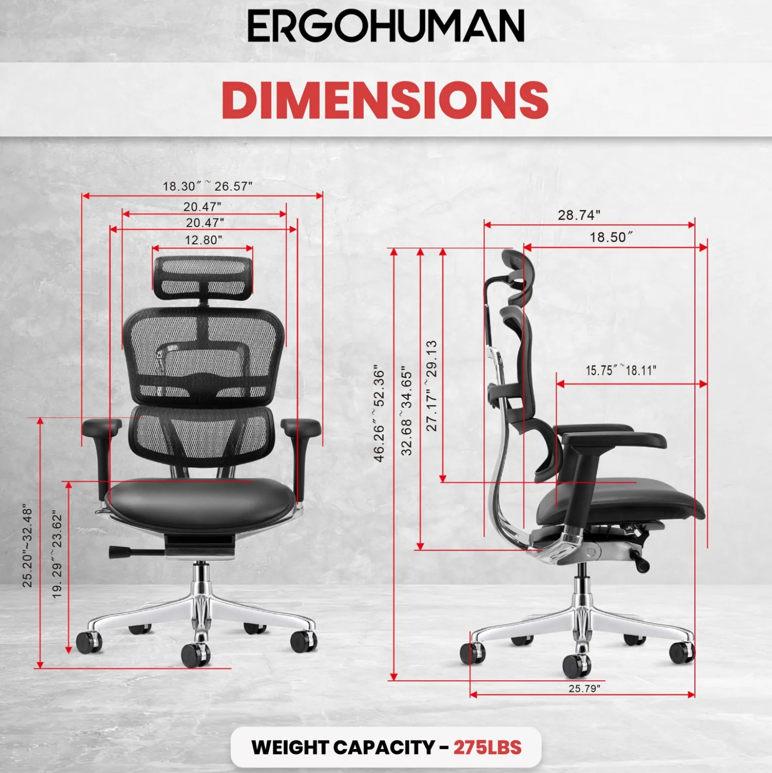 Ergohuman Ergonomic High Mesh Back Leather Seat Executive Chair with Headrest