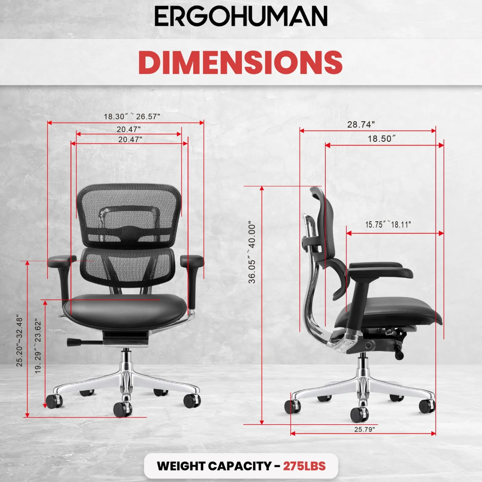 Ergohuman Ergonomic Mid Mesh Back Leather Seat Chair