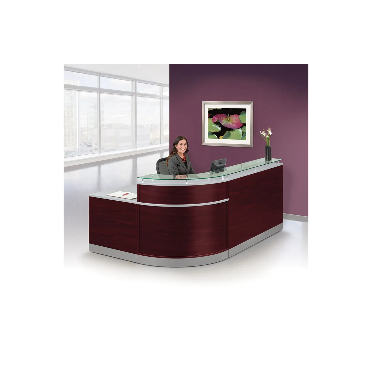 Esquire Curved Glass Top Reception Desk with Reversible ADA Return- 95"W x 64"D