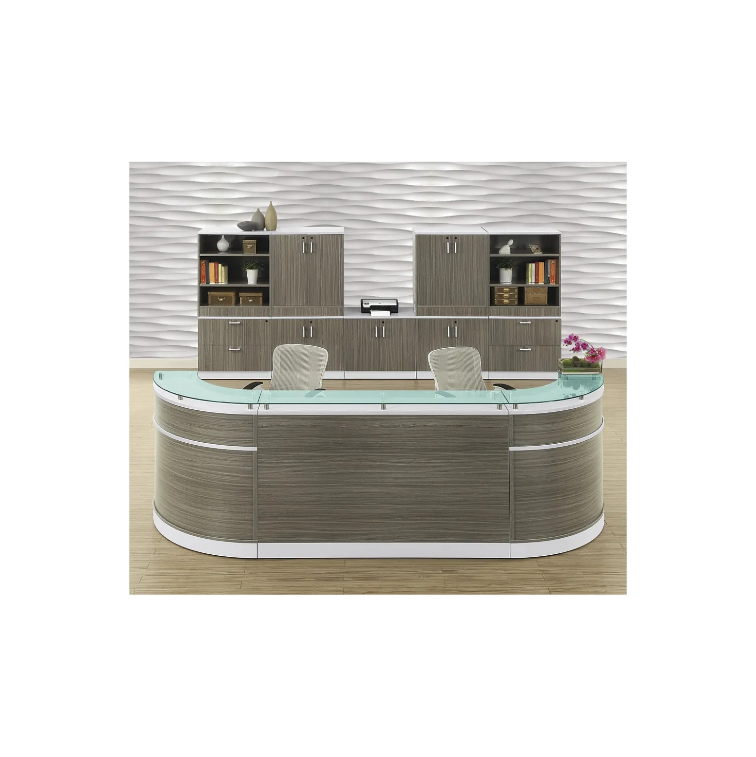Esquire Curved Glass Top Reception Desk with Storage Wall