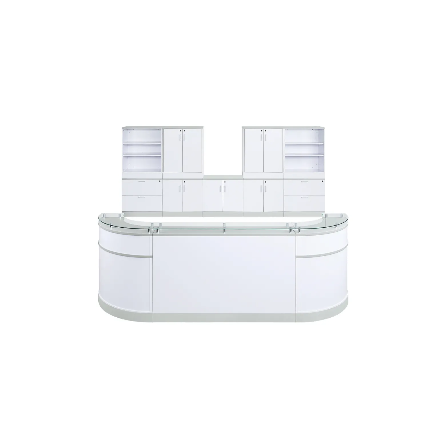 Esquire Curved Glass Top Reception Desk with Storage Wall