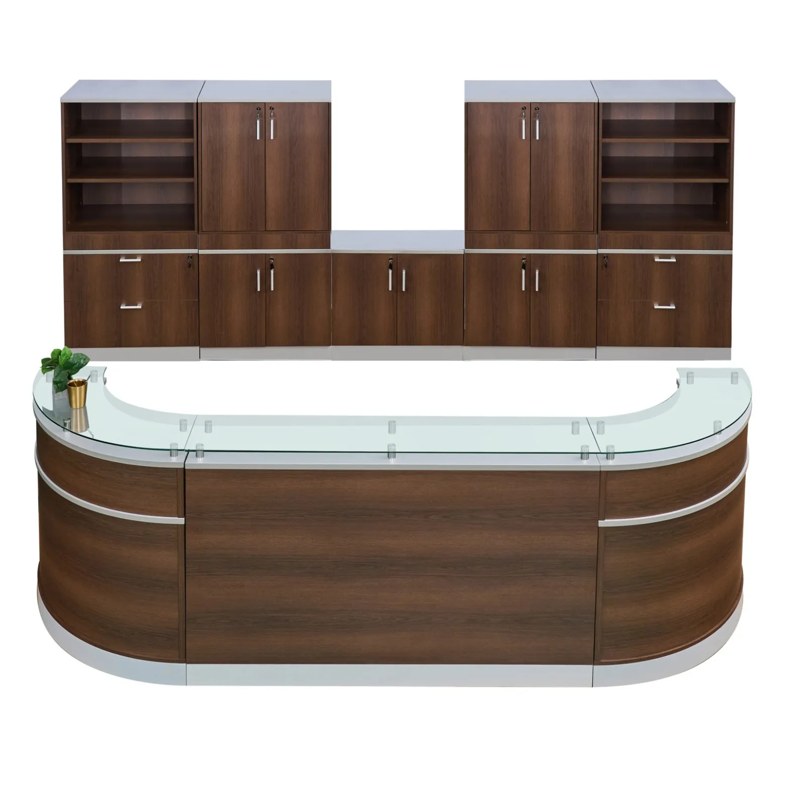 Esquire Curved Glass Top Reception Desk with Storage Wall