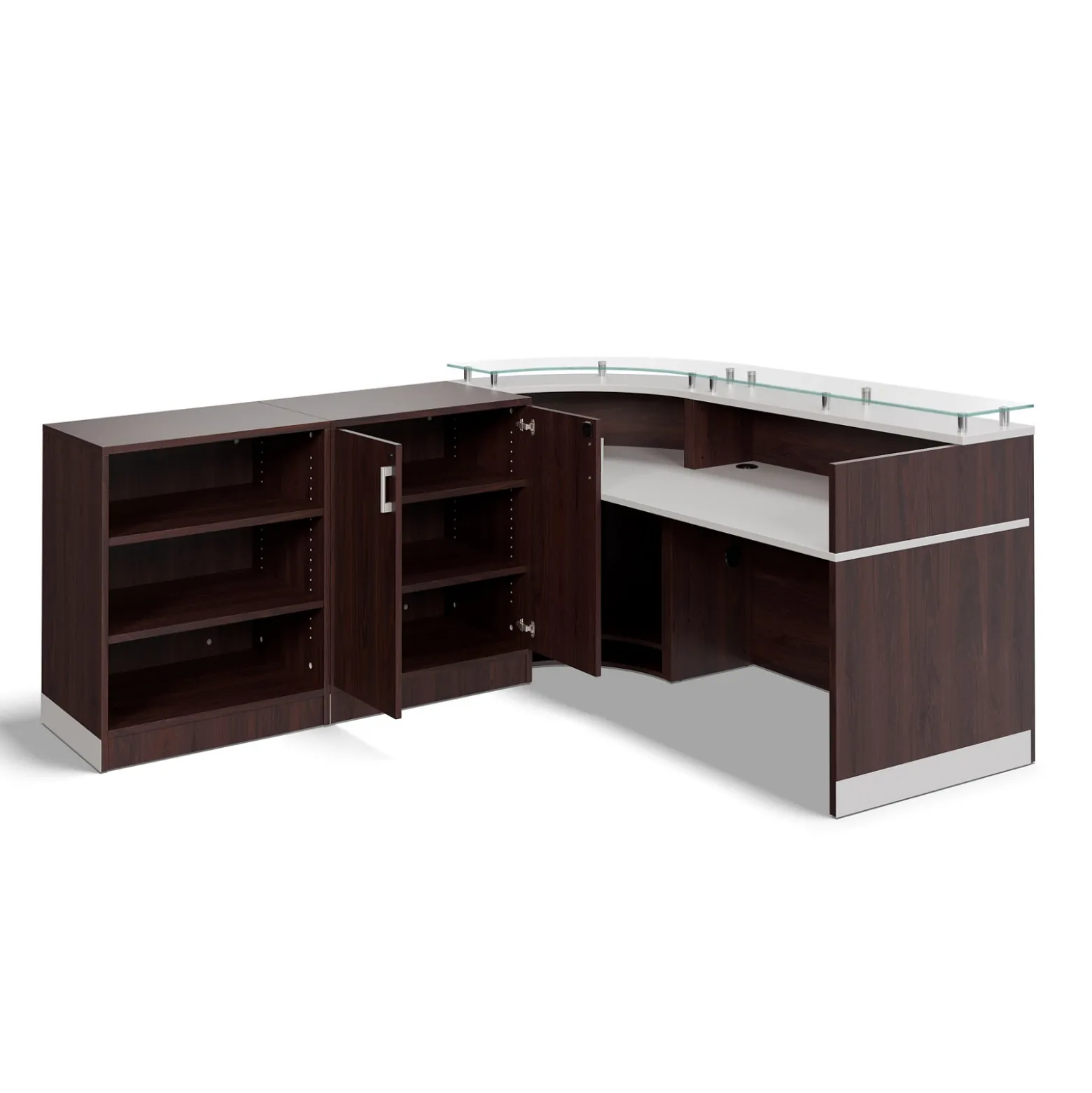 Esquire Curved Glass Top Reception Desk with Wardrobe and Bookcase - 63"W x 32"D