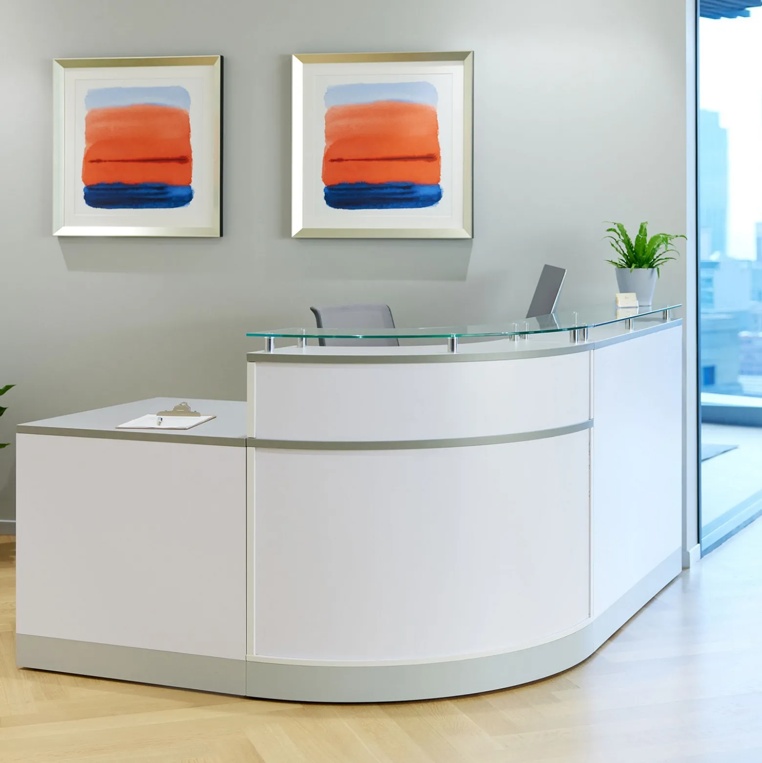 Esquire Glass Top Reception Desk with Reversible ADA Return - 79"W x 63"D