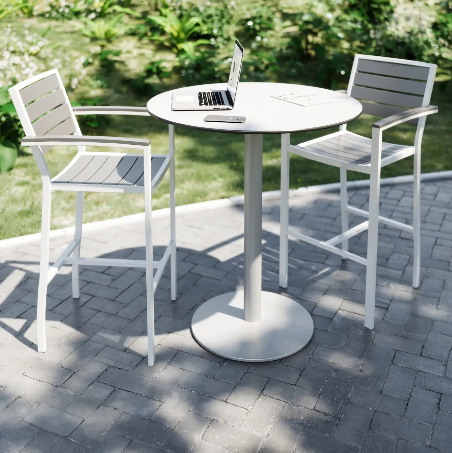 Eveleen Outdoor Bar Height Bistro Table with Two Stools - 30"DIA