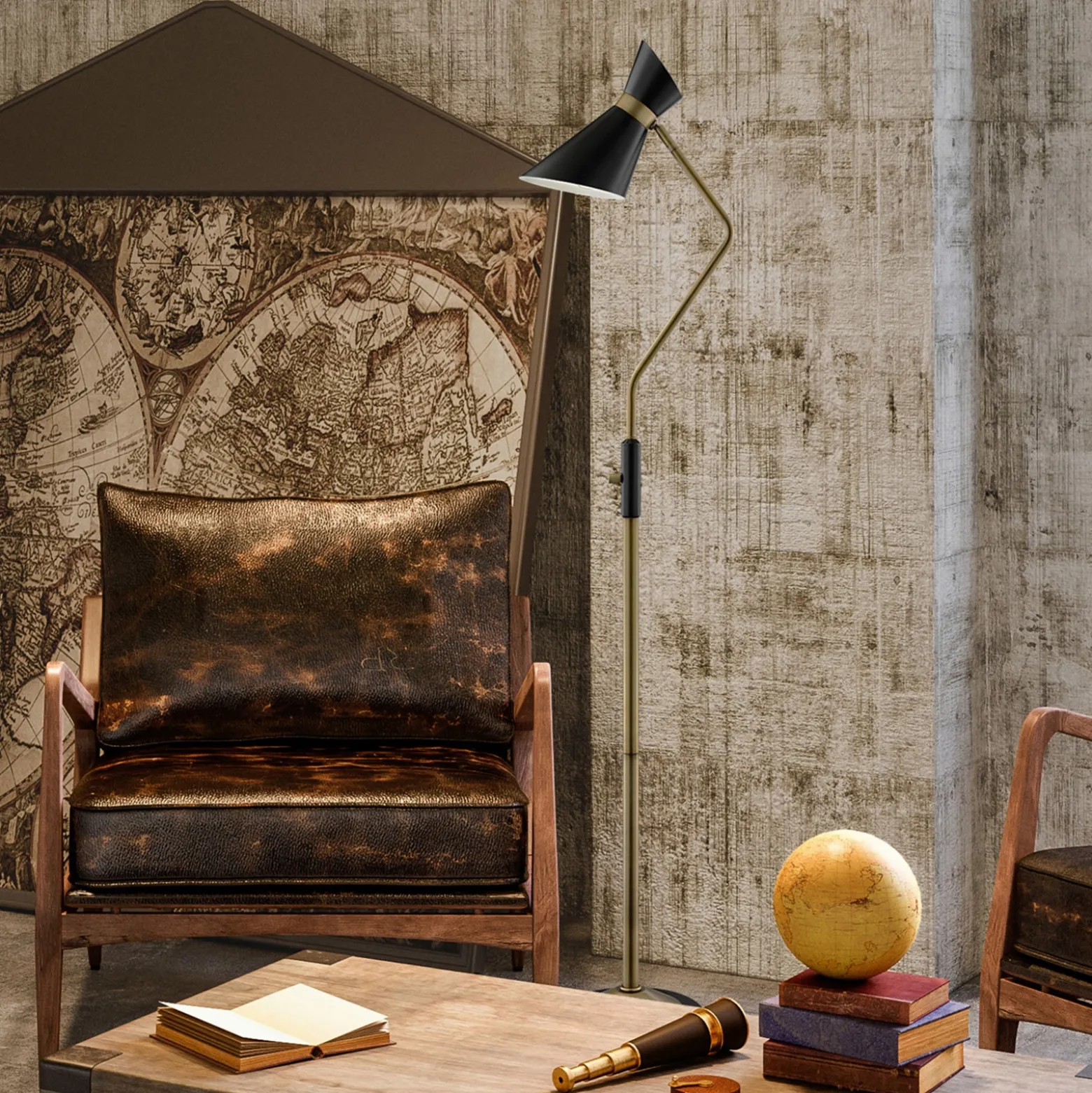 Floor Lamp, Antique Brass - 60.5"H