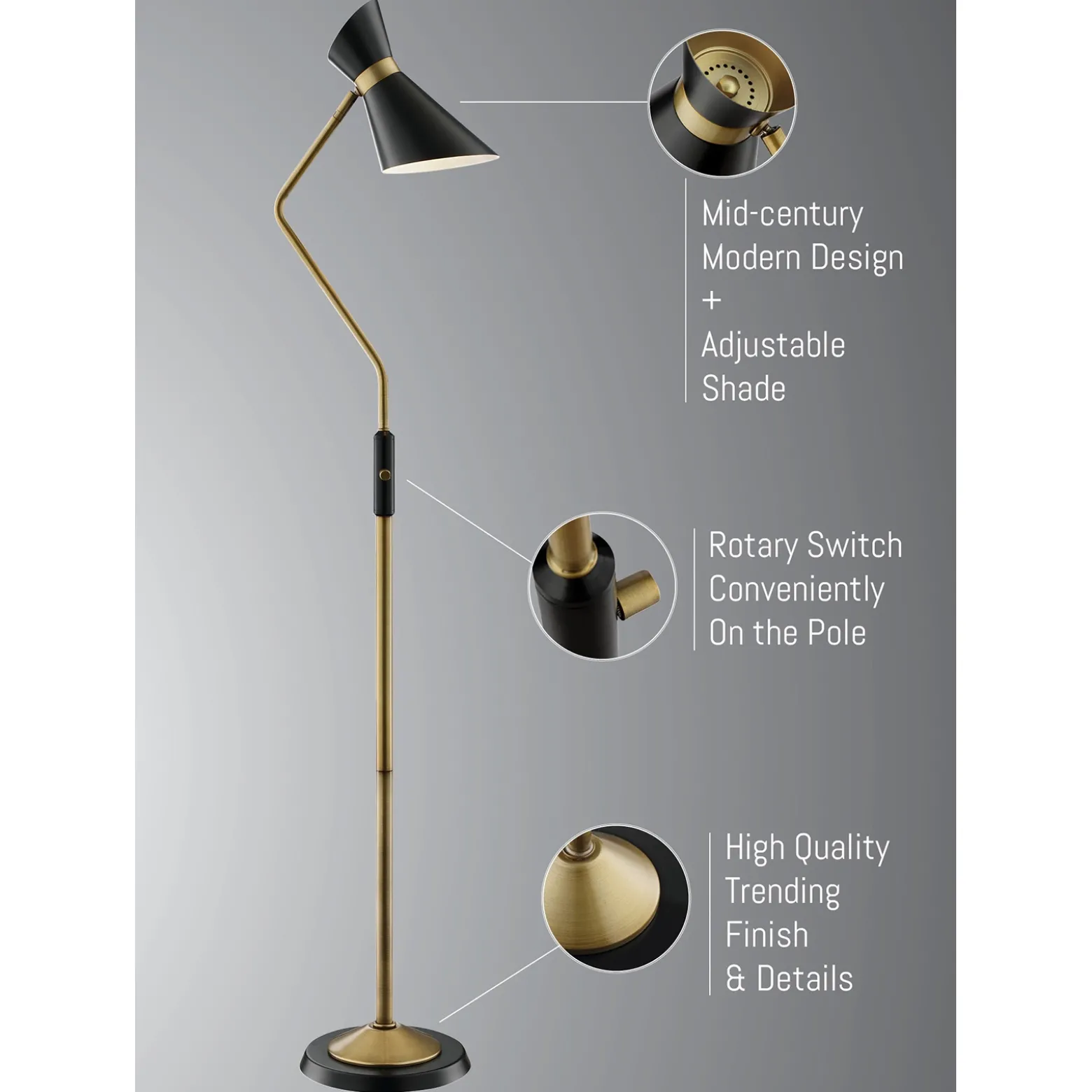Floor Lamp, Antique Brass - 60.5"H
