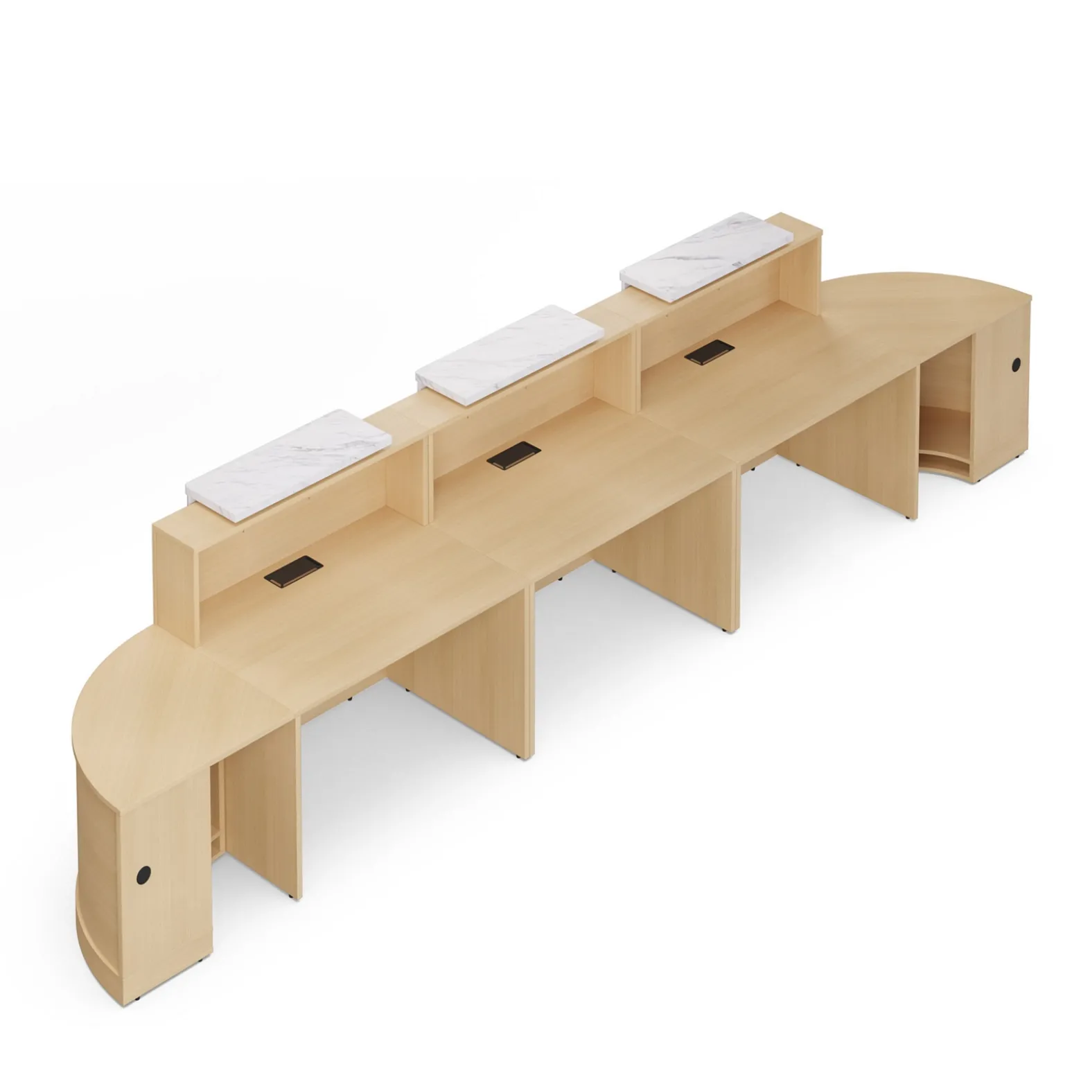 Holloway Triple Reception Desk w/ 2 Curved Returns – 204.5”Wx32”D