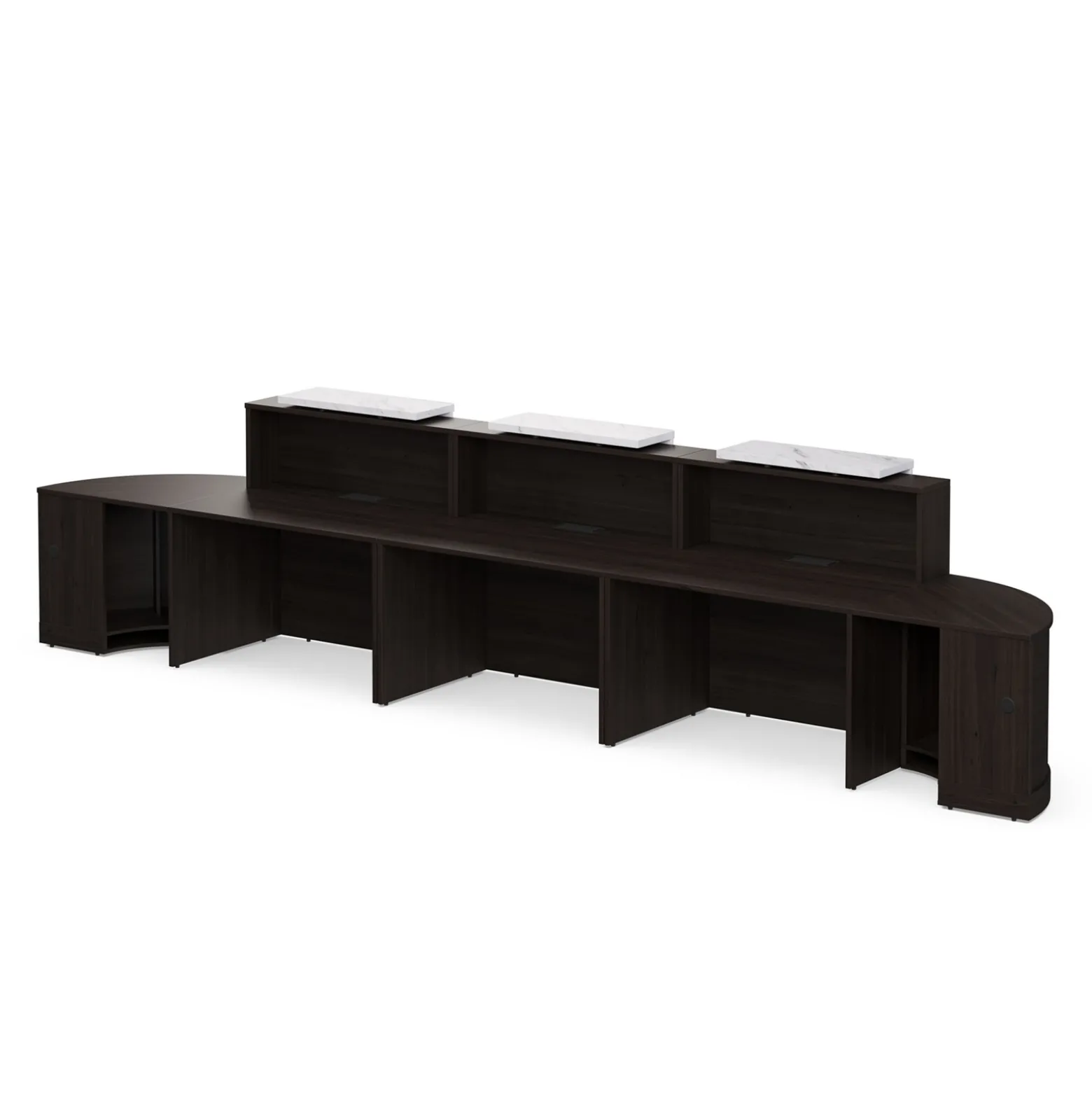 Holloway Triple Reception Desk w/ 2 Curved Returns – 204.5”Wx32”D
