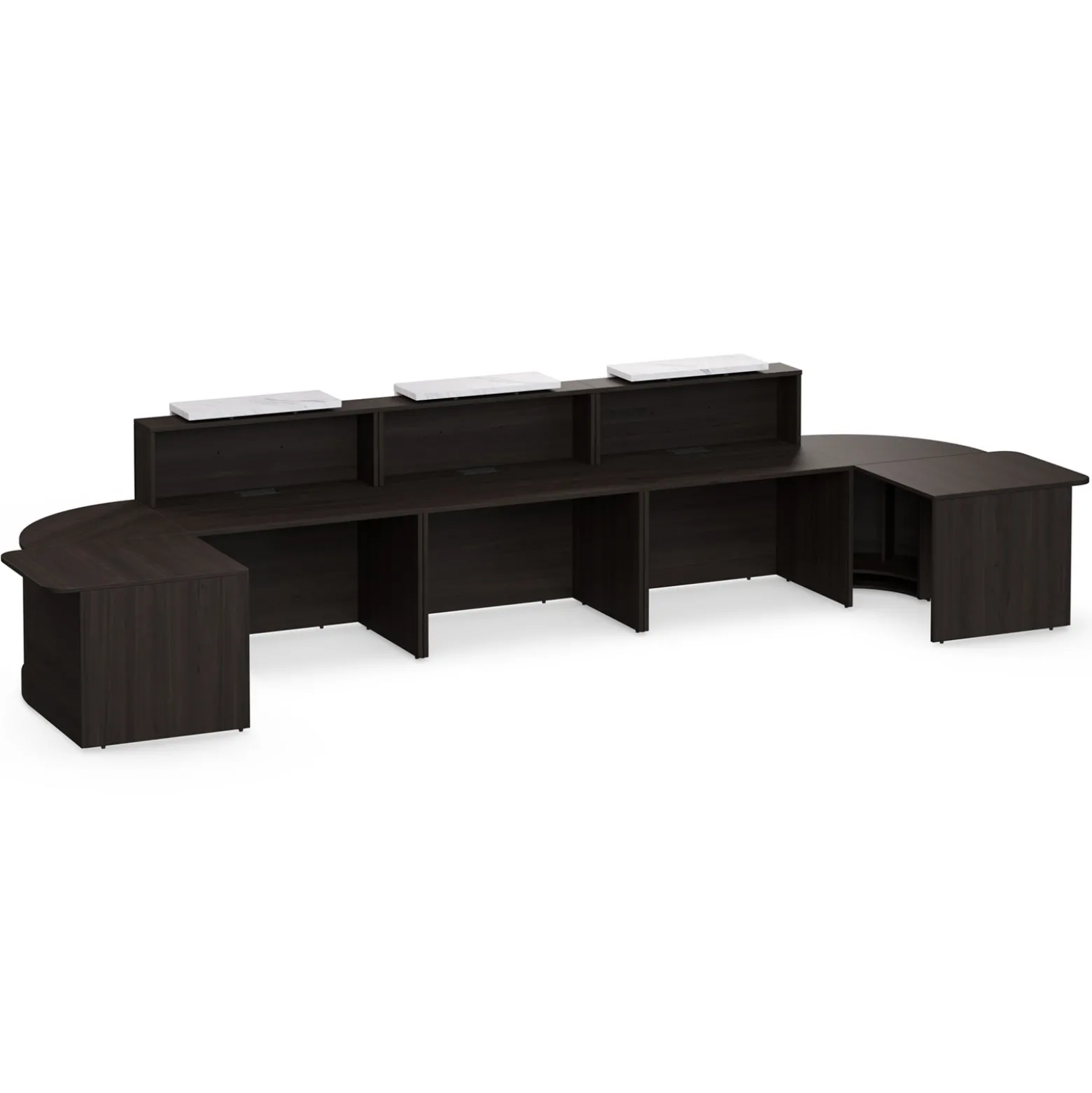 Holloway Triple Reception Desk w/ 2 Curved and ADA Returns – 204.5”Wx63”D
