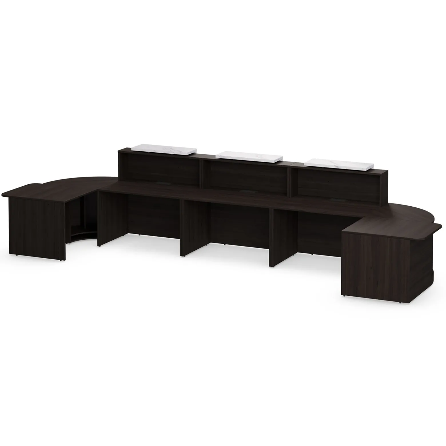 Holloway Triple Reception Desk w/ 2 Curved and ADA Returns – 204.5”Wx63”D